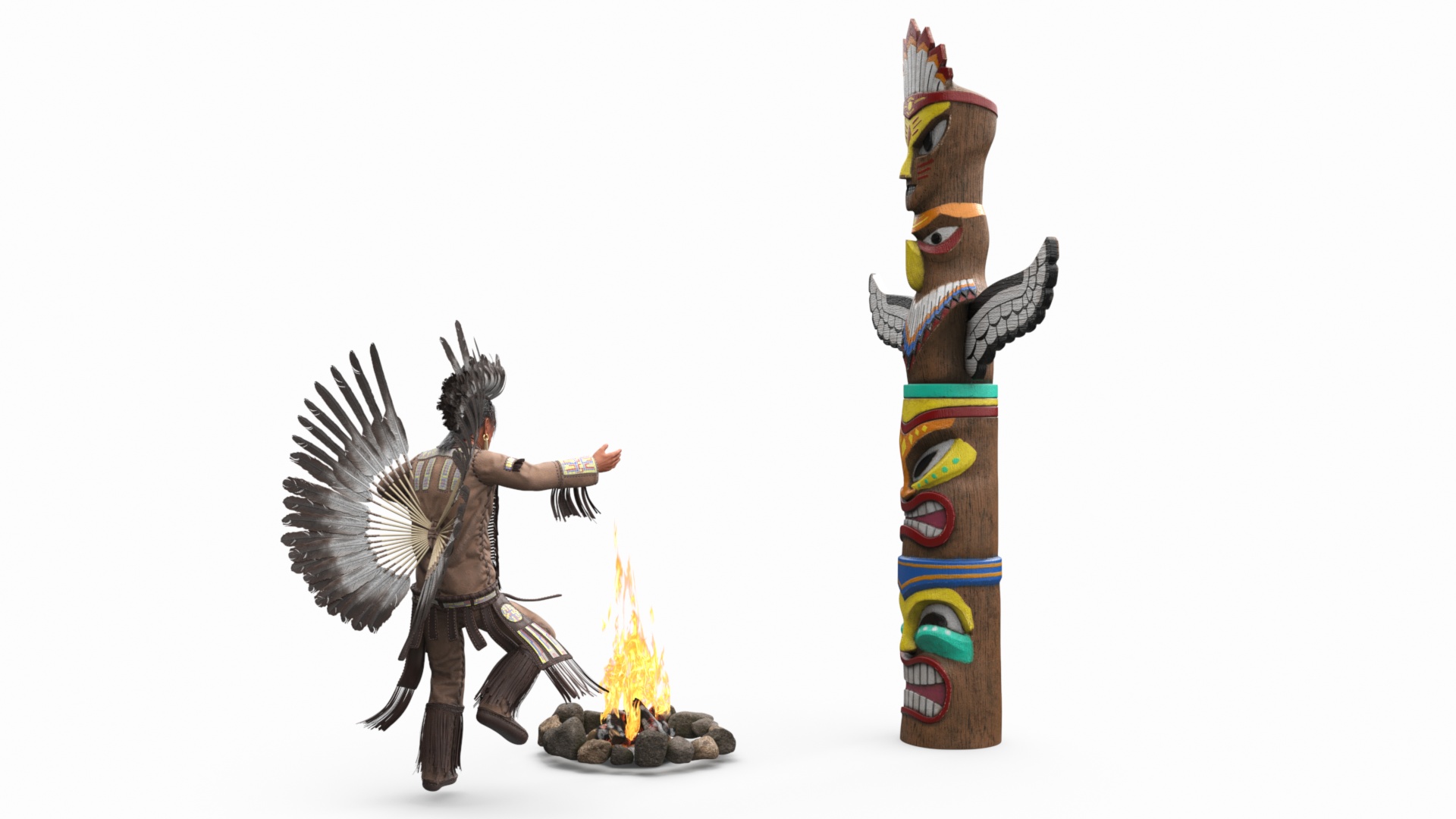 3D Native American Indian and Totem with Campfire
