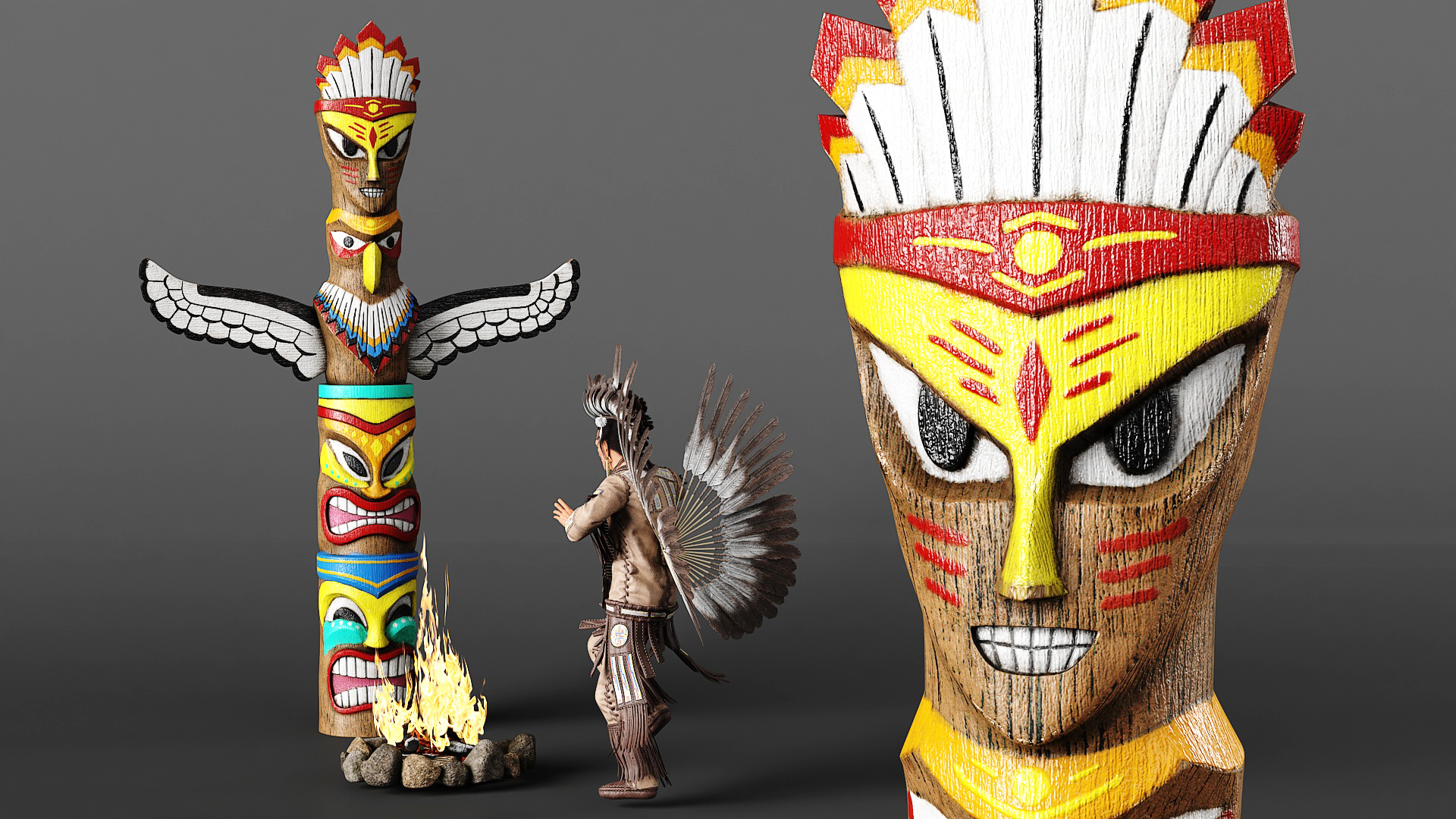 3D Native American Indian and Totem with Campfire
