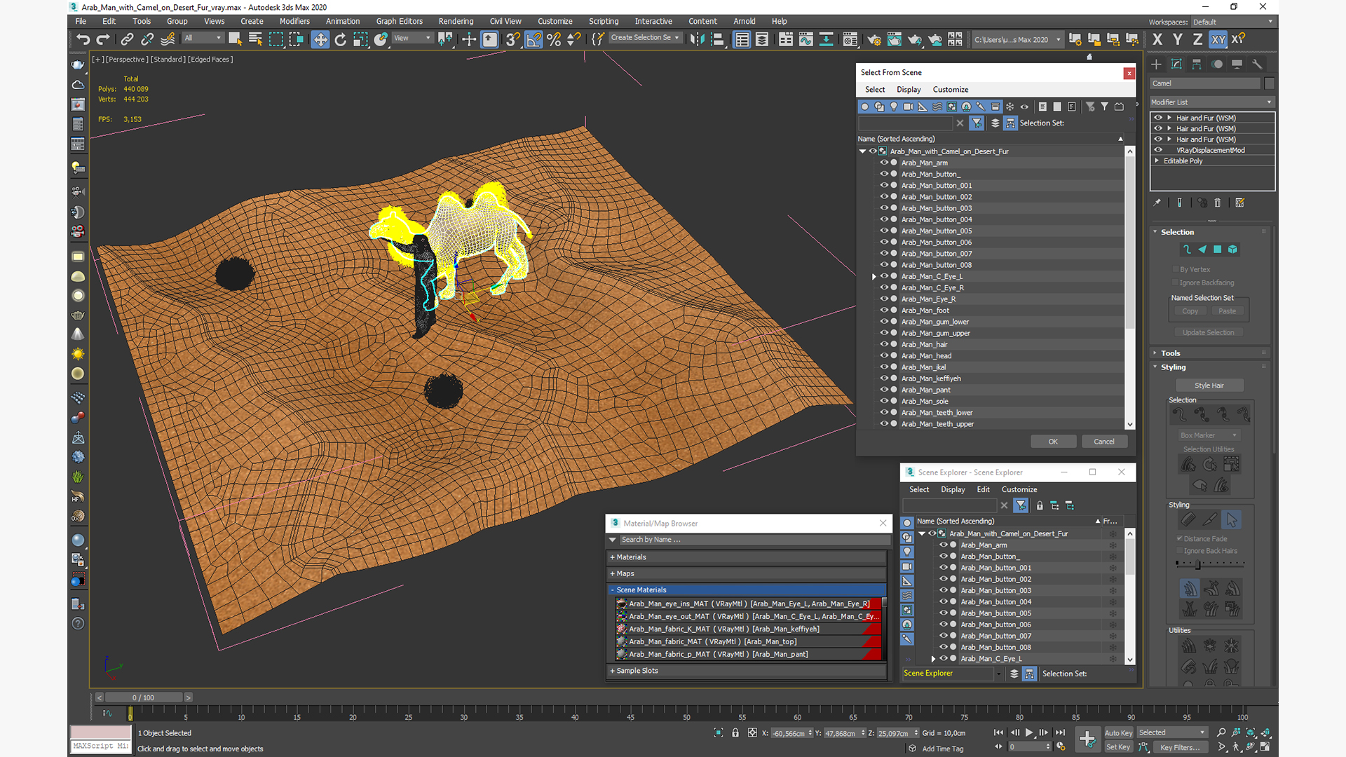 3D Arab Man with Camel on Desert Fur model