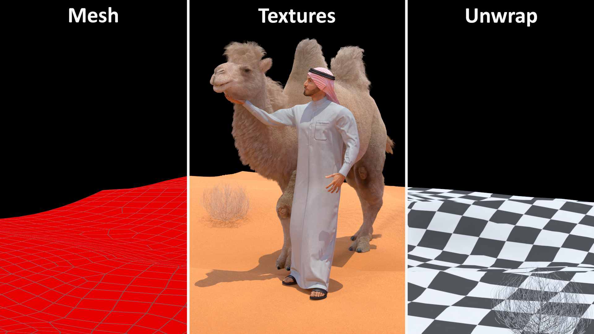 3D Arab Man with Camel on Desert Fur model