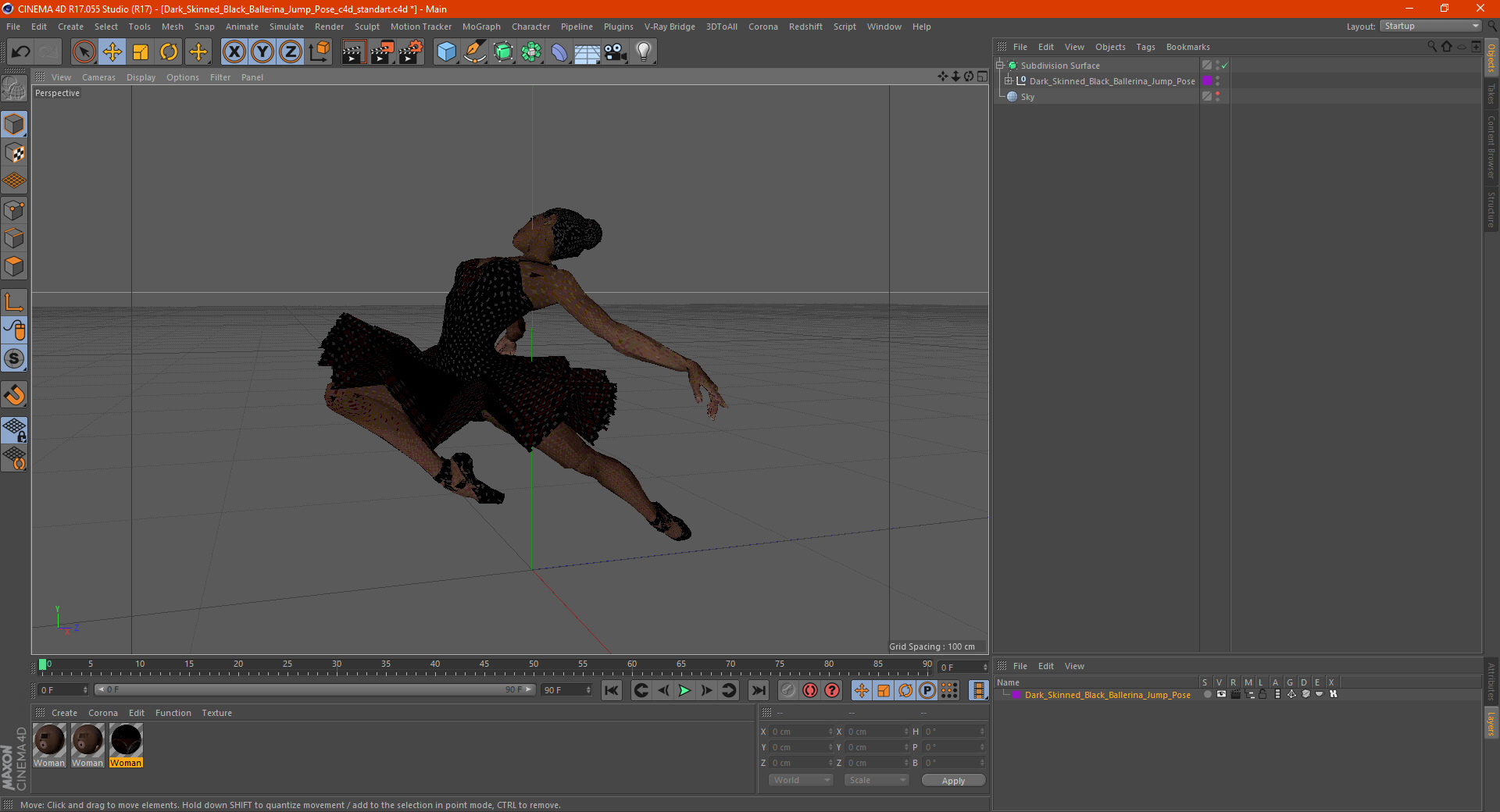 3D Dark Skinned Black Ballerina Jump Pose model