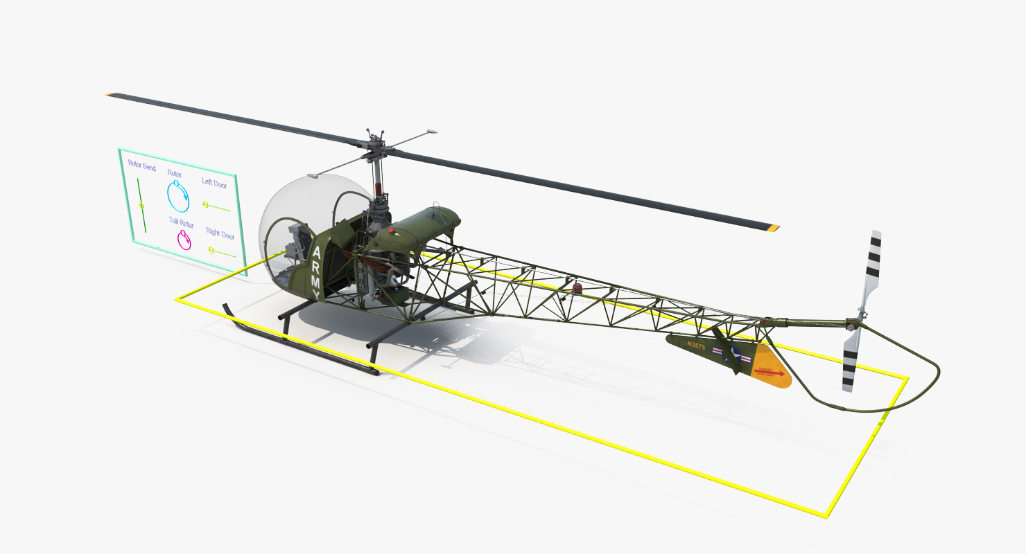 3D Light Helicopter Bell 47 Millitary Rigged