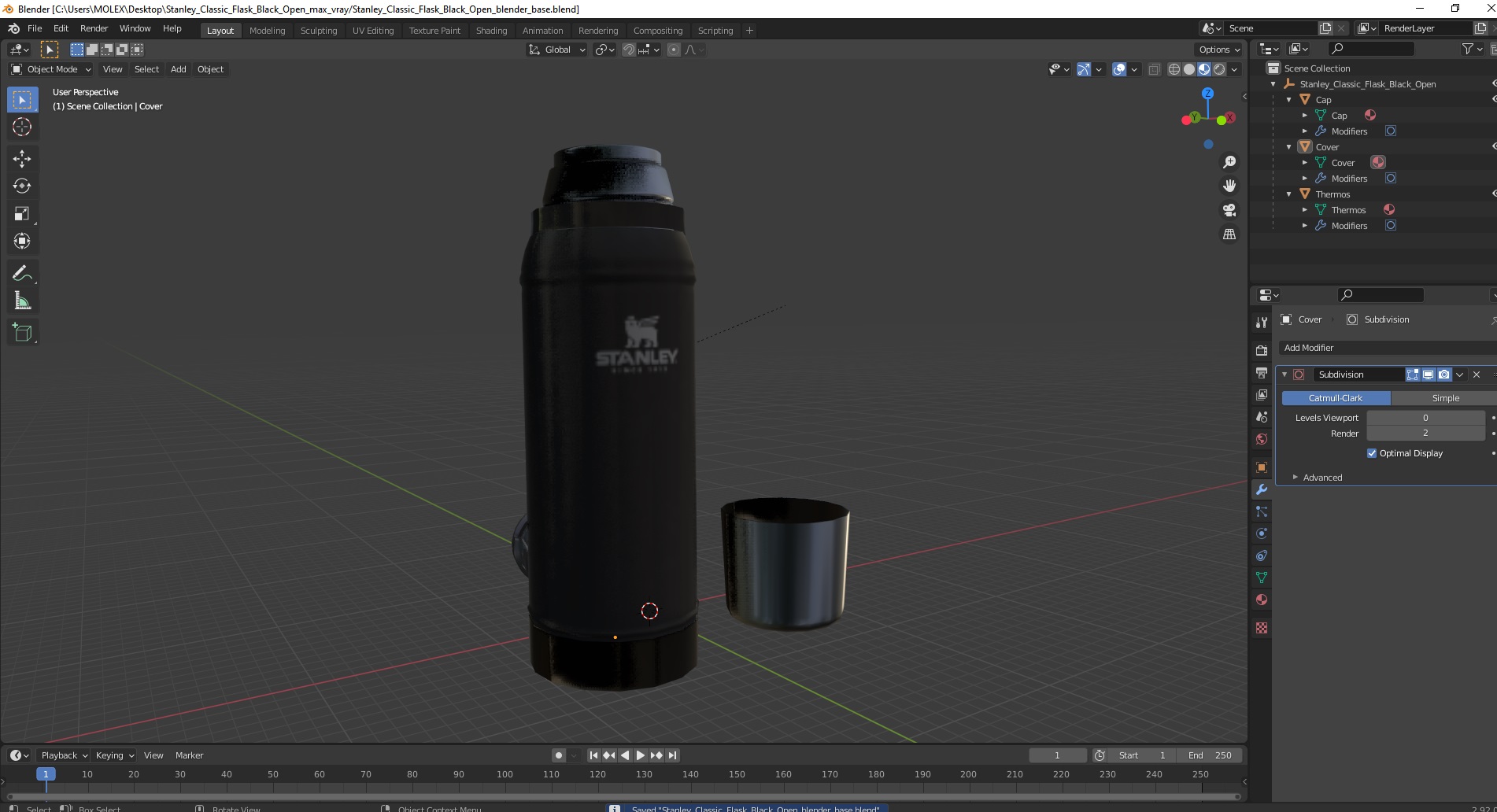 Stanley Classic Flask Black Open 3D