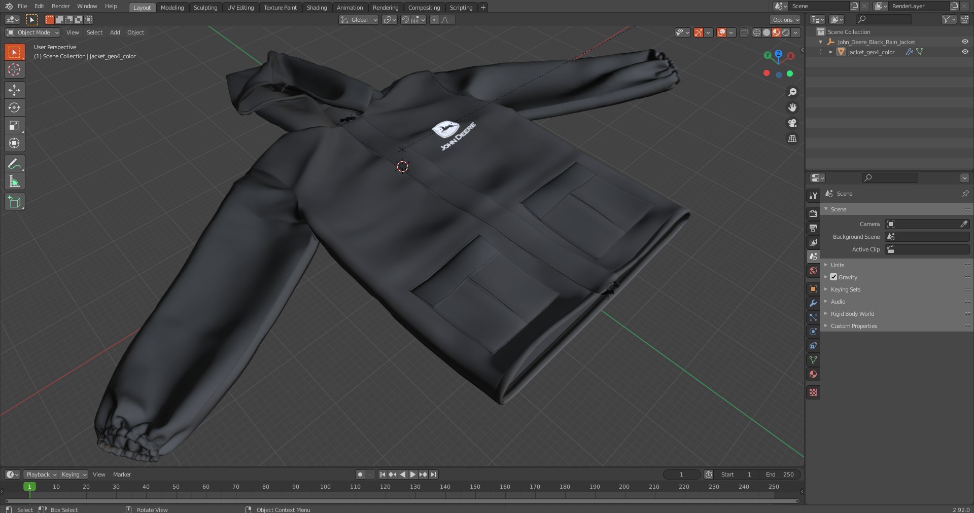 3D John Deere Black Rain Jacket model