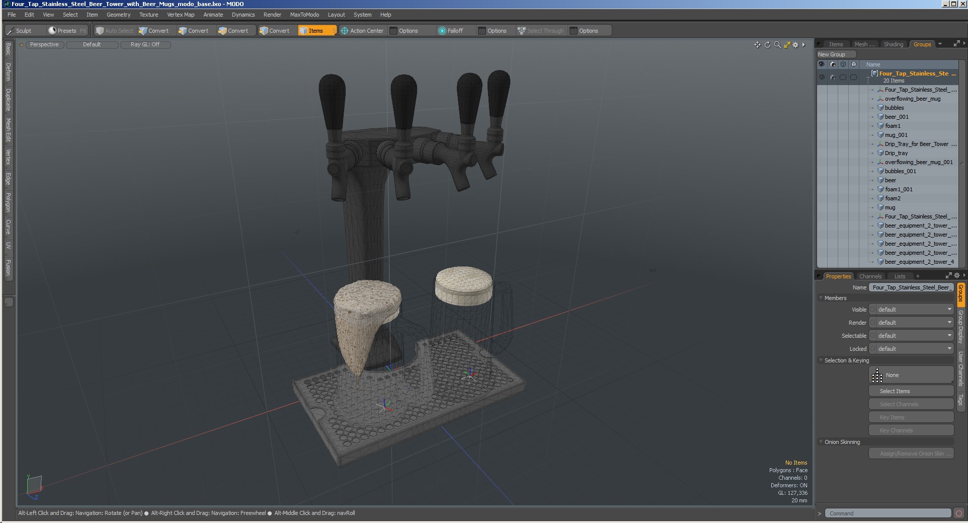 3D model Four Tap Stainless Steel Beer Tower with Beer Mugs