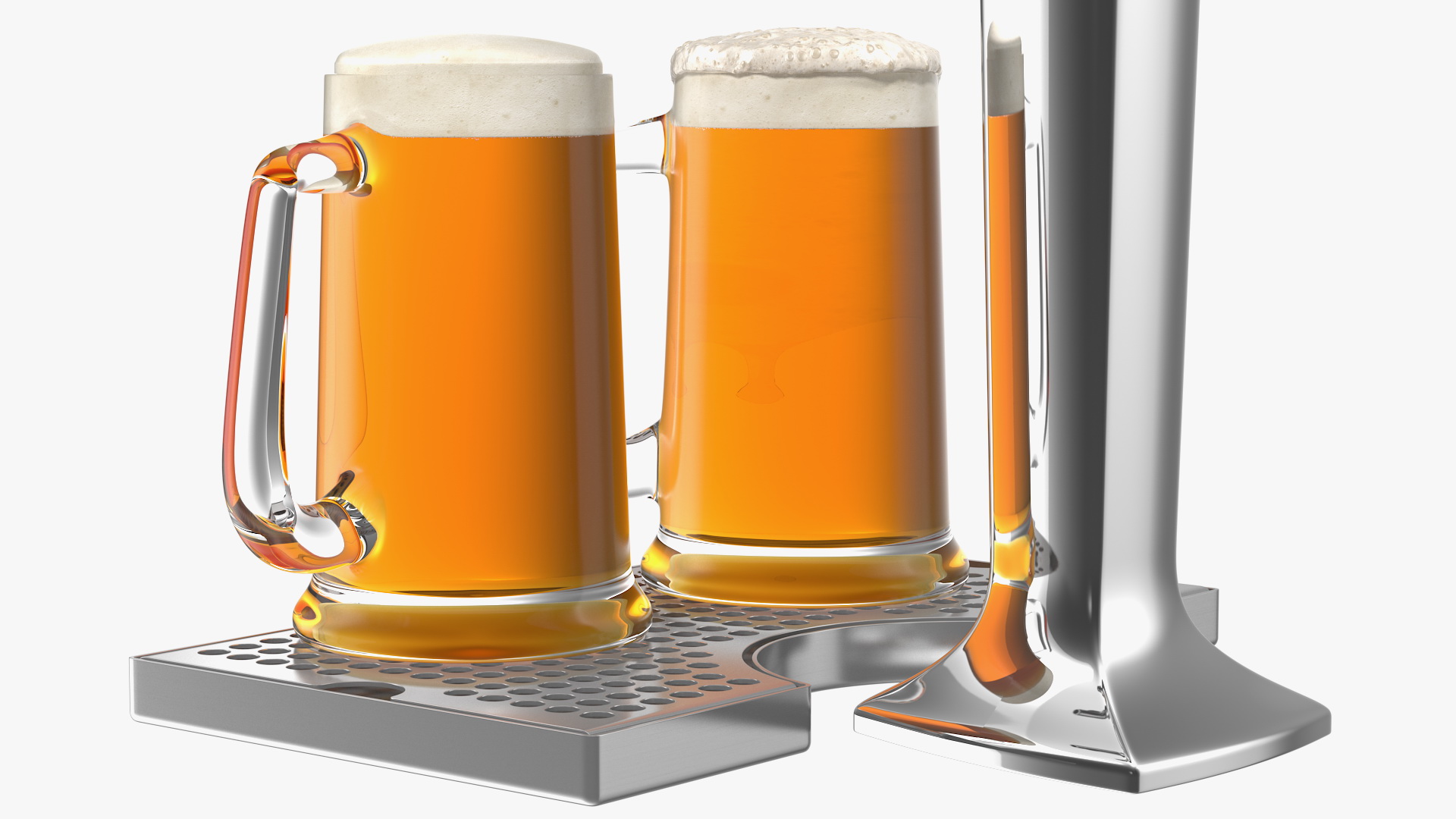 3D model Four Tap Stainless Steel Beer Tower with Beer Mugs