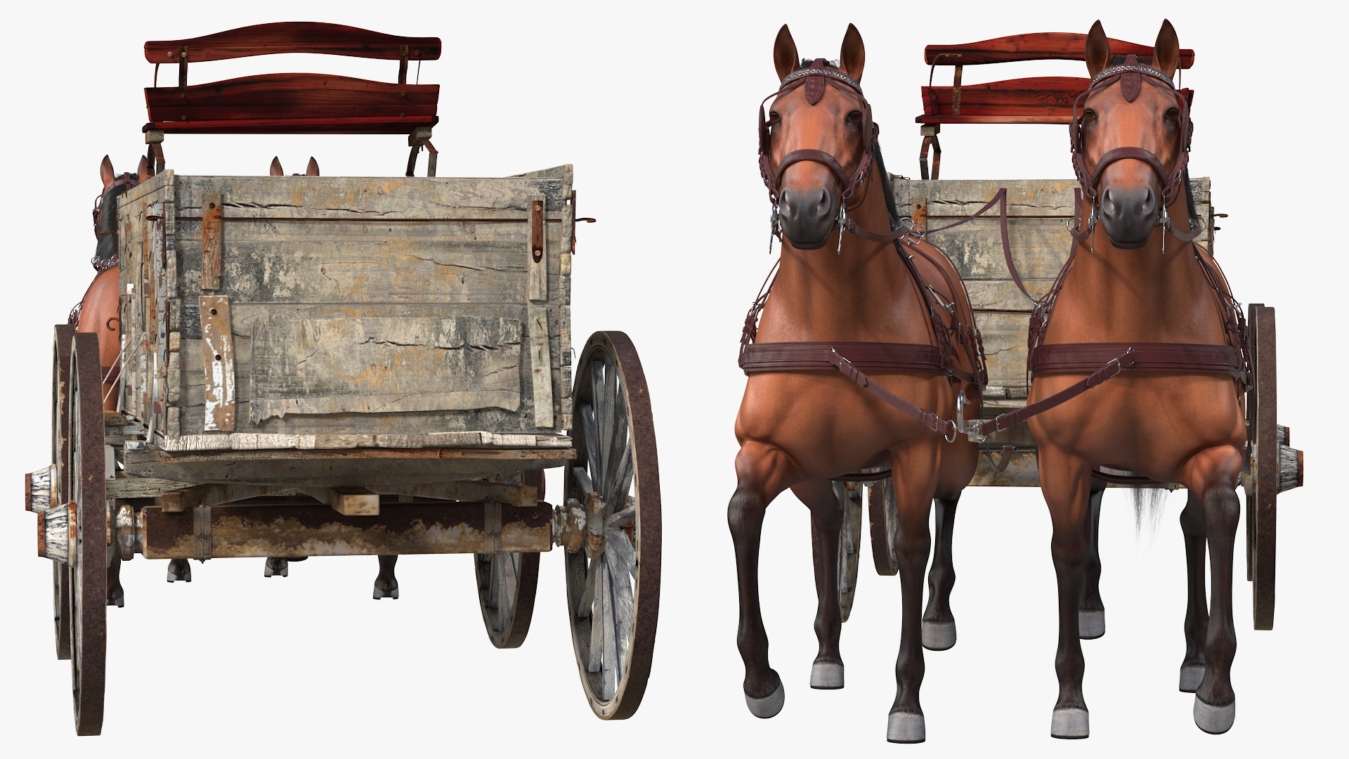 Pair Of Horses Pulling Wagon Fur 3D