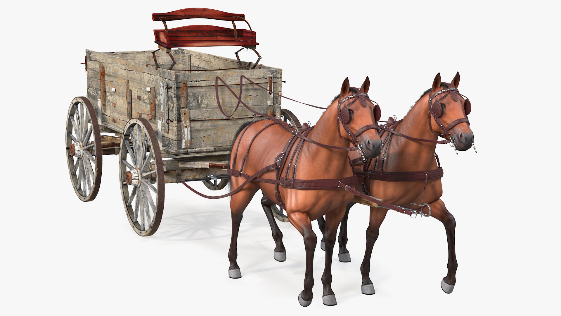 Pair Of Horses Pulling Wagon Fur 3D