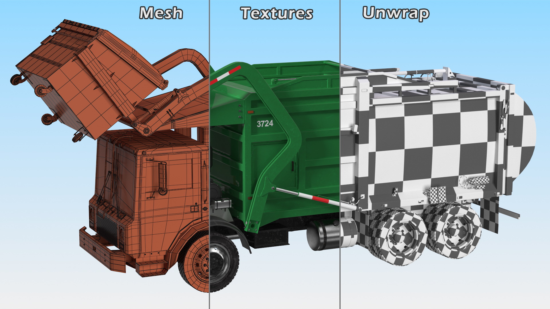 3D model Trash Truck Generic with Dumpster Blue Rigged