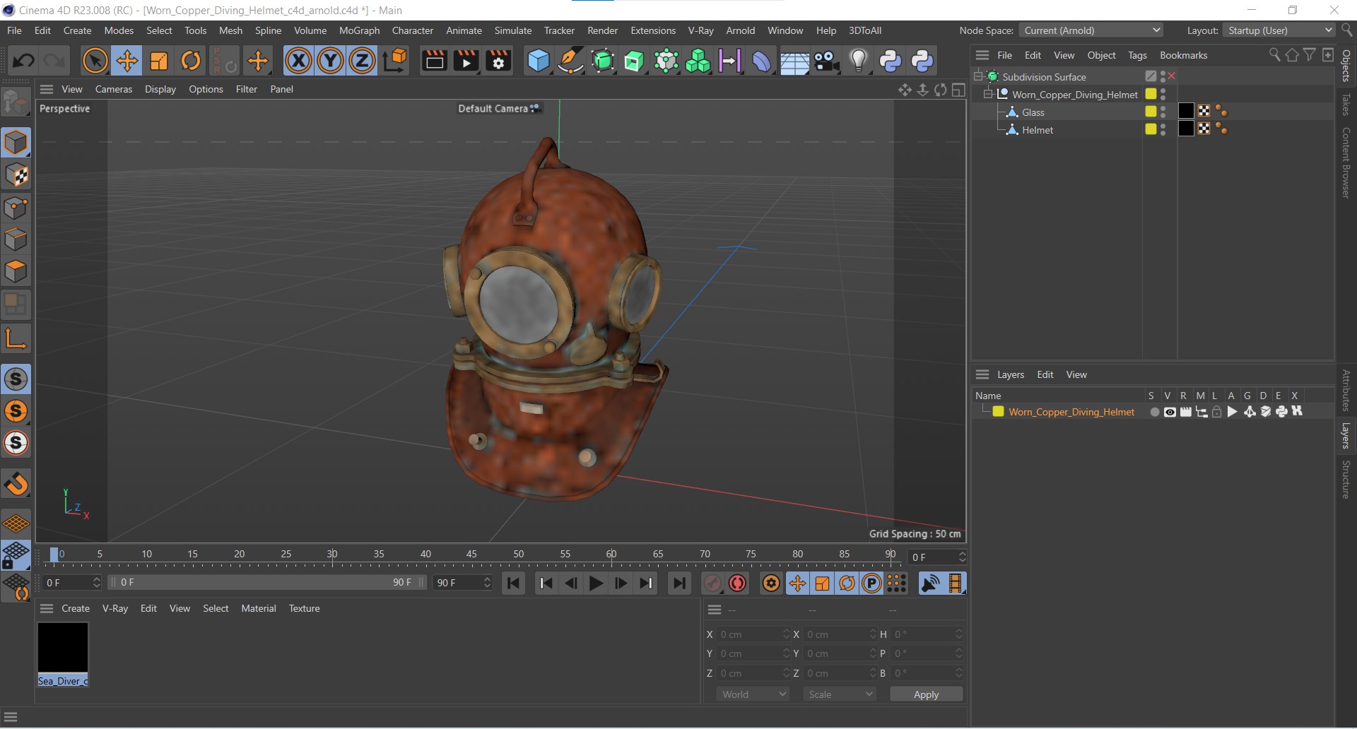 3D model Worn Copper Diving Helmet