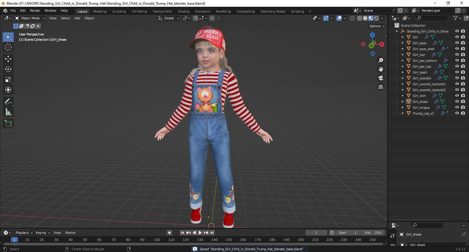 Standing Girl Child in Donald Trump Hat 3D model