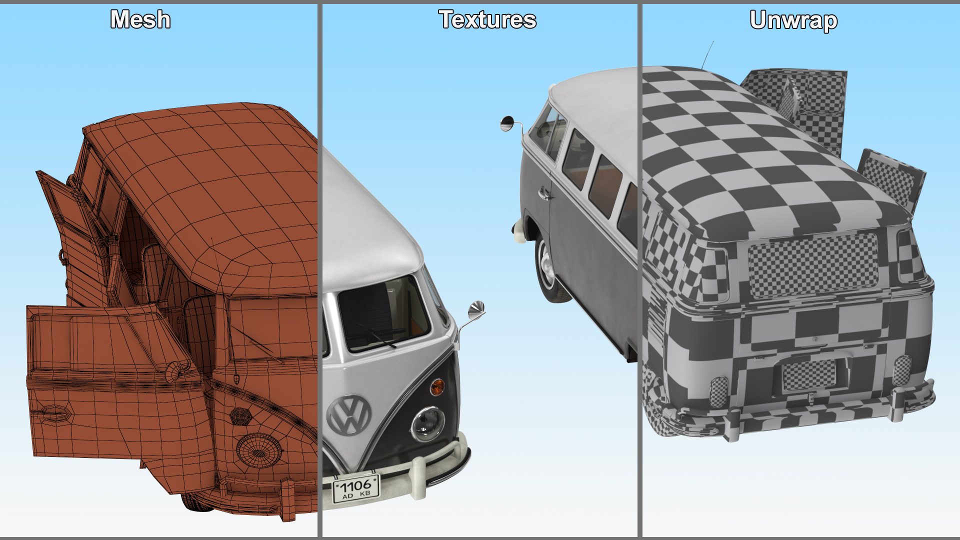 3D Vintage Volkswagen Type 2 Bus Rigged