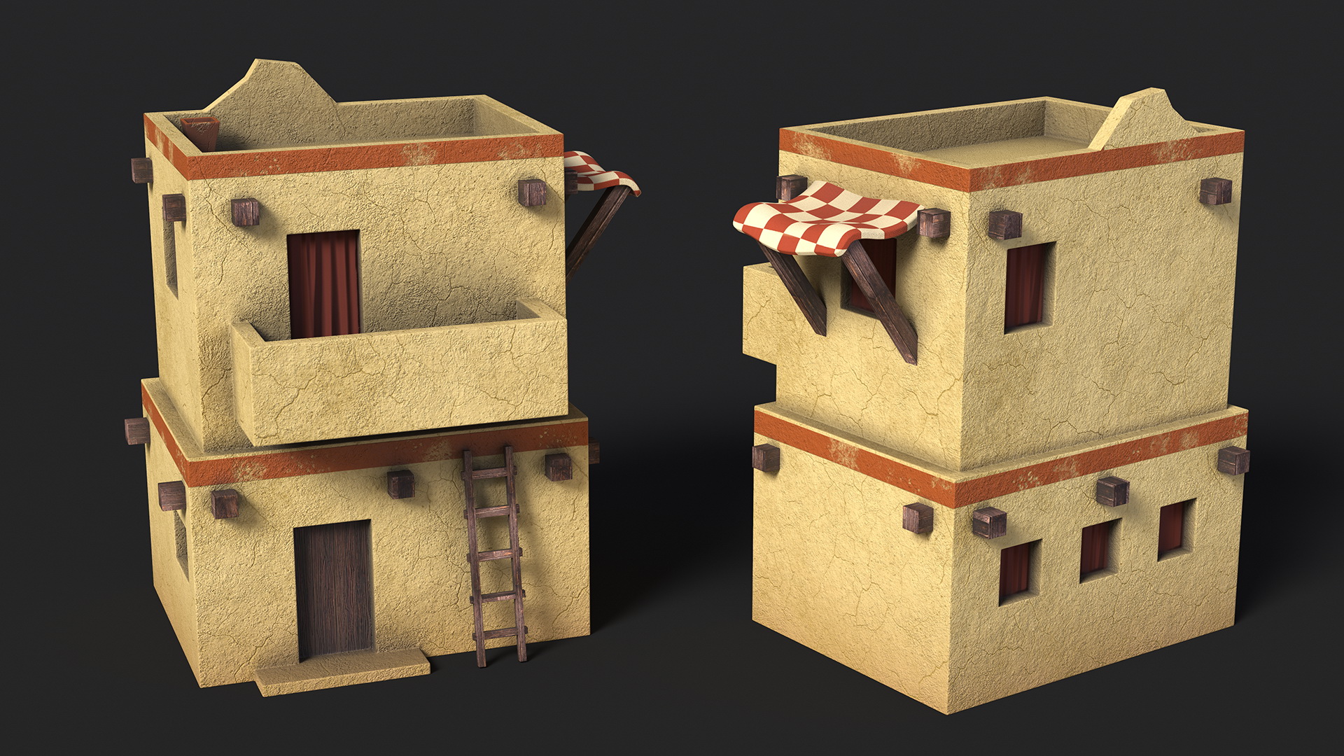 3D Realistic Arabian House with Awning and Ladder
