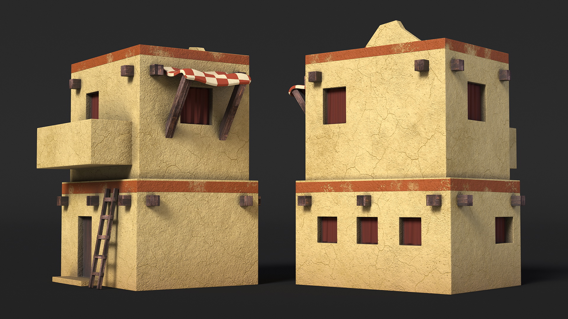3D Realistic Arabian House with Awning and Ladder