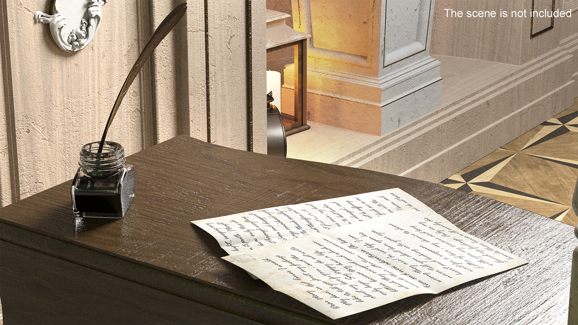 Old Letter with Quill Dark Feather Ink Set 3D