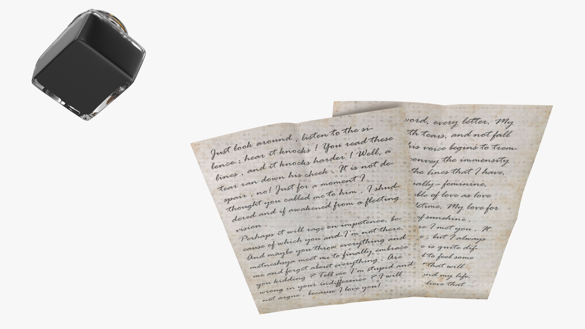 Old Letter with Quill Dark Feather Ink Set 3D
