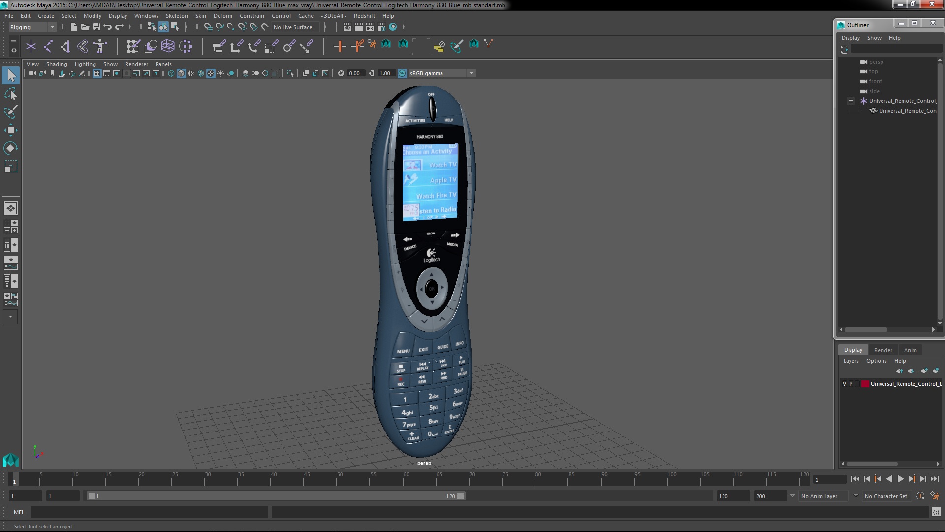 3D model Universal Remote Control Logitech Harmony 880 Blue