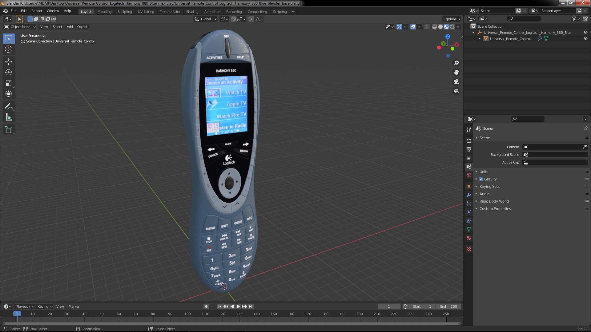 3D model Universal Remote Control Logitech Harmony 880 Blue