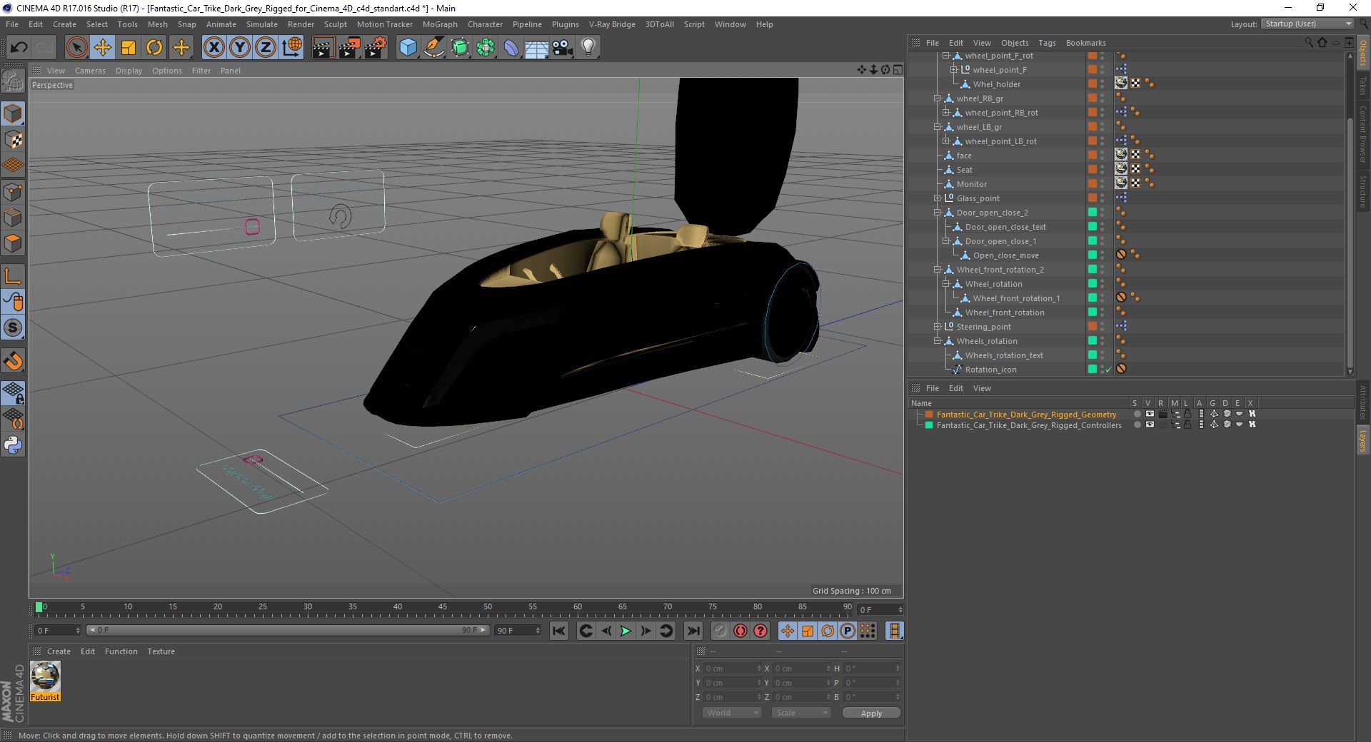3D model Fantastic Car Trike Dark Grey Rigged for Cinema 4D