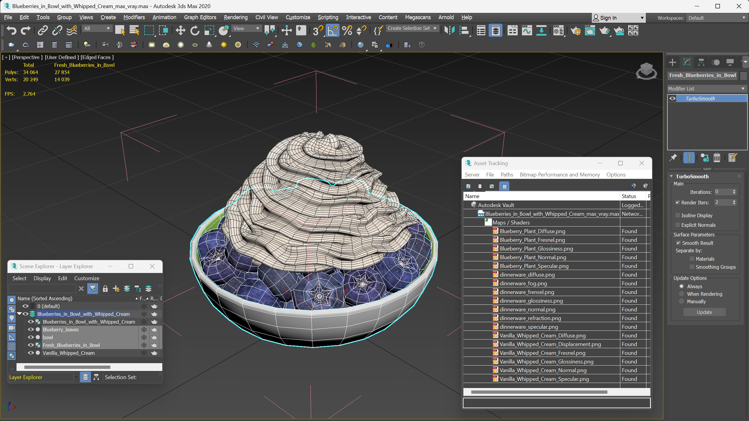 3D Blueberries in Bowl with Whipped Cream model