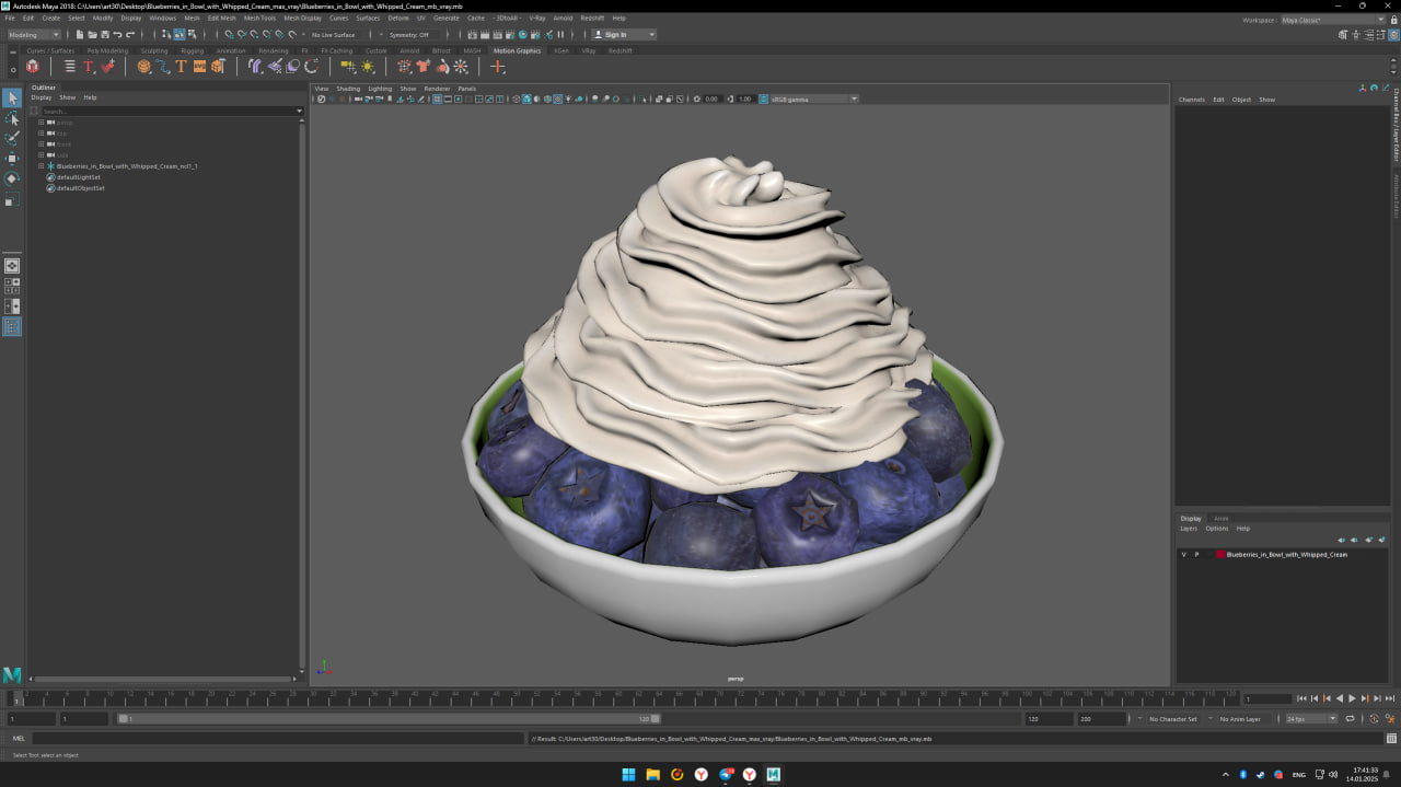 3D Blueberries in Bowl with Whipped Cream model