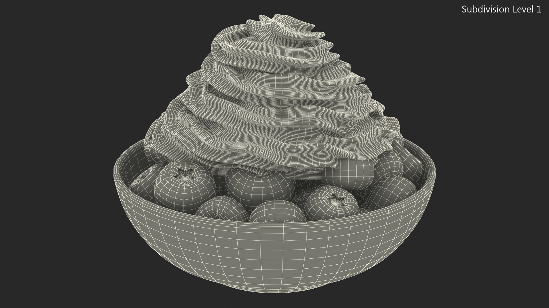 3D Blueberries in Bowl with Whipped Cream model
