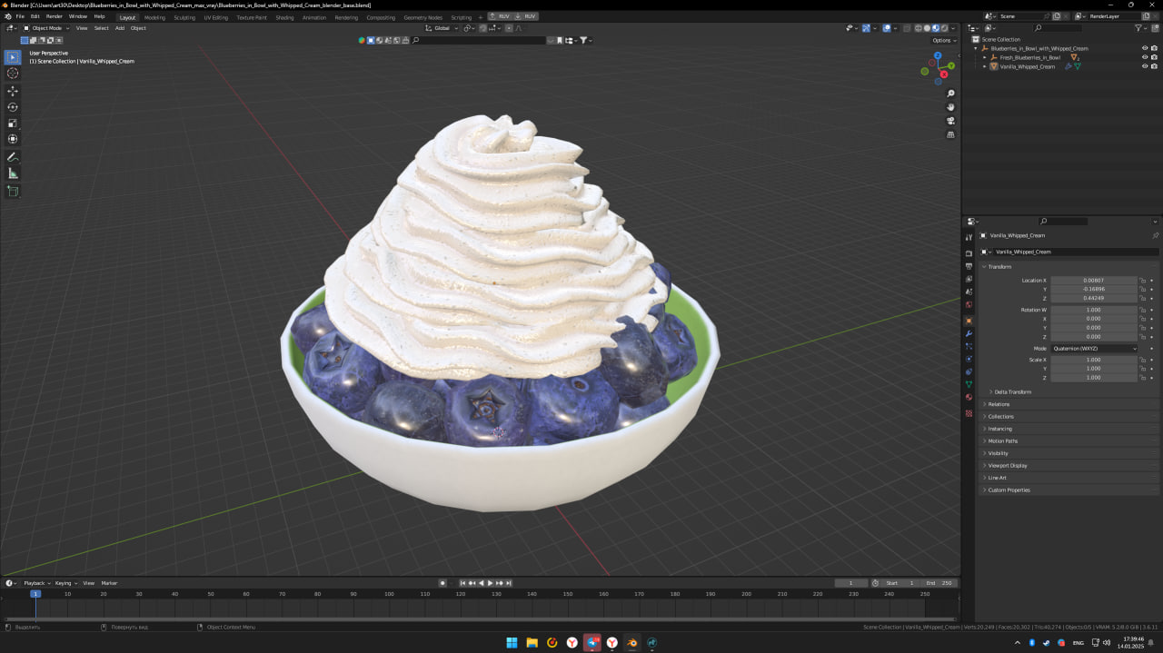 3D Blueberries in Bowl with Whipped Cream model