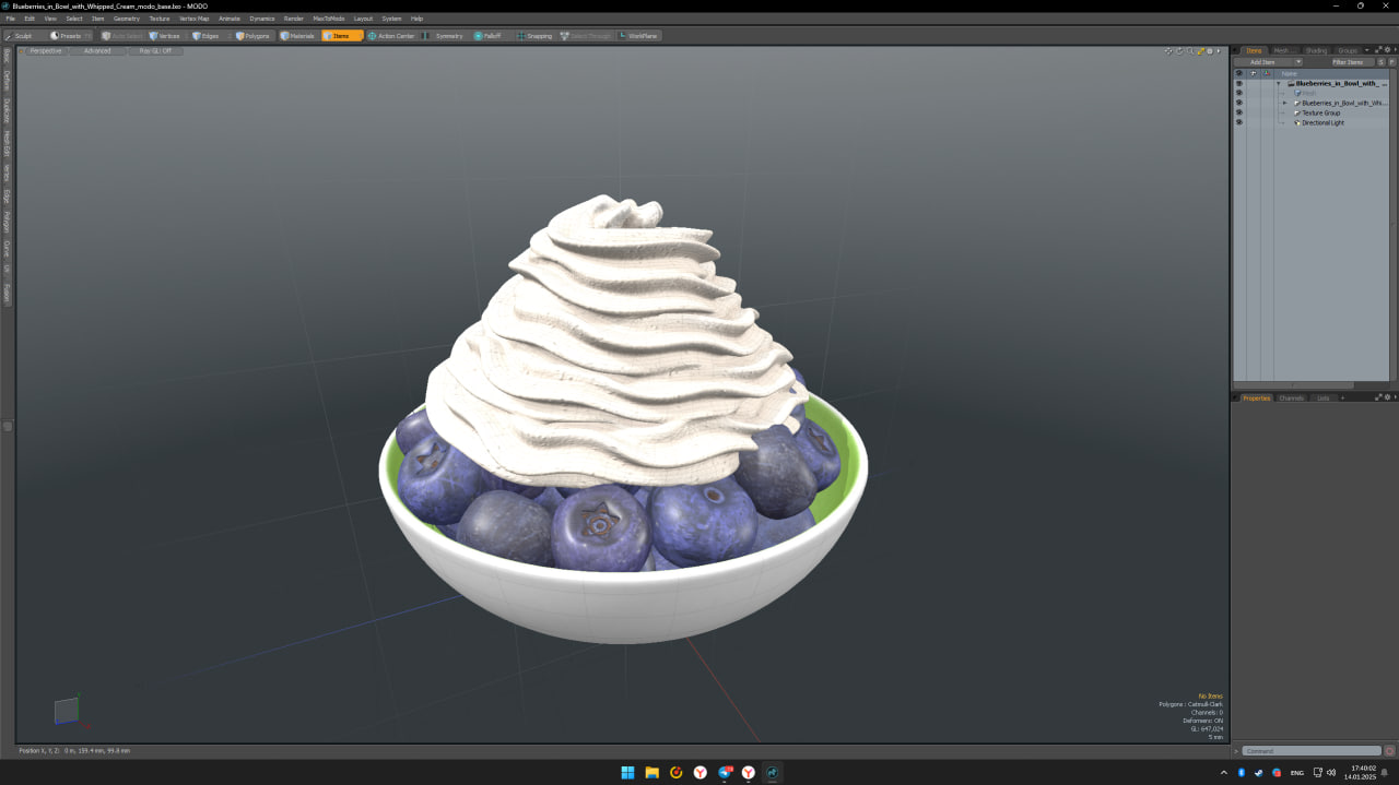 3D Blueberries in Bowl with Whipped Cream model