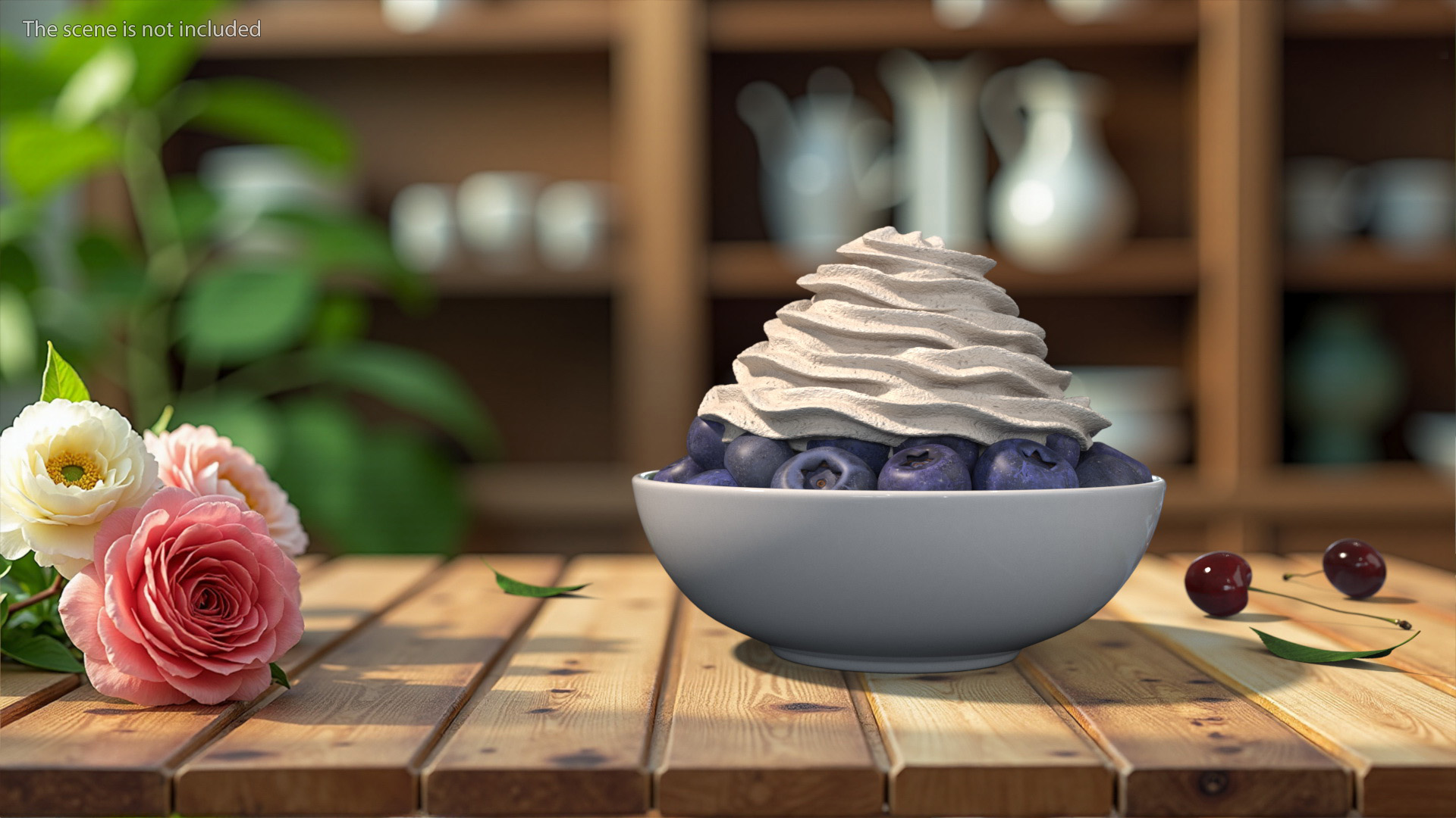3D Blueberries in Bowl with Whipped Cream model