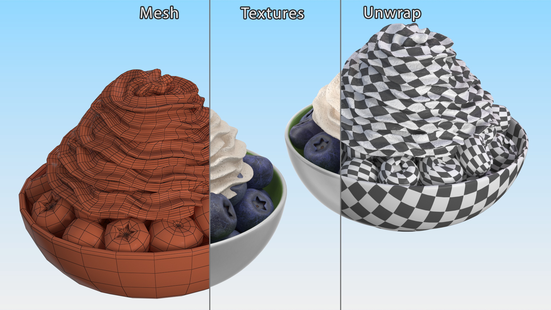 3D Blueberries in Bowl with Whipped Cream model