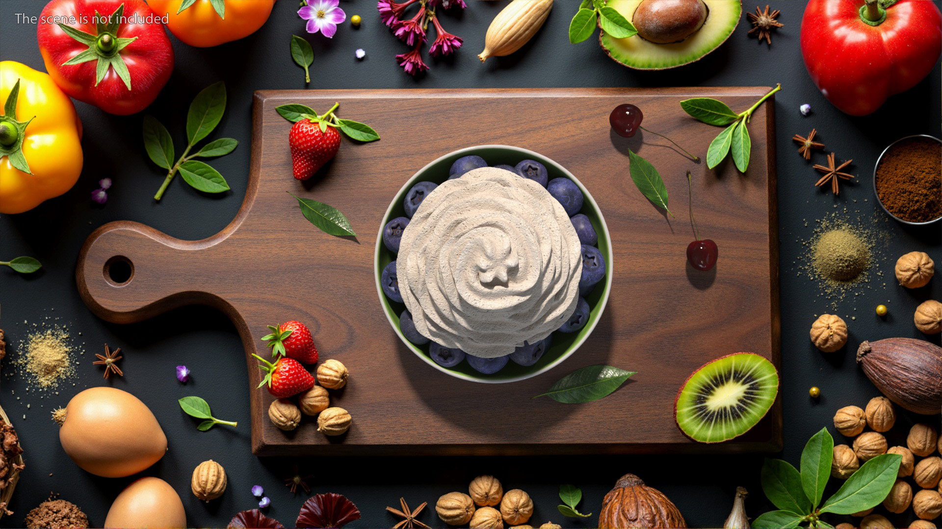 3D Blueberries in Bowl with Whipped Cream model