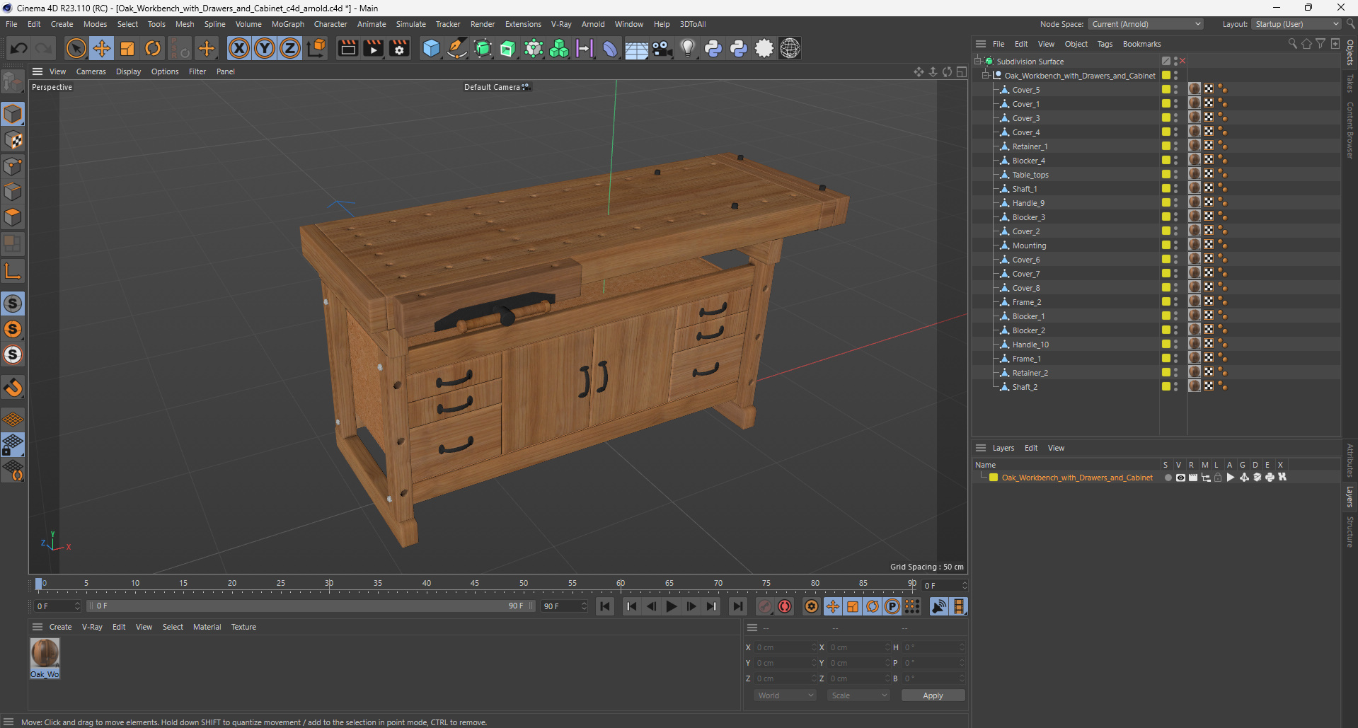 3D Oak Workbench with Drawers and Cabinet model