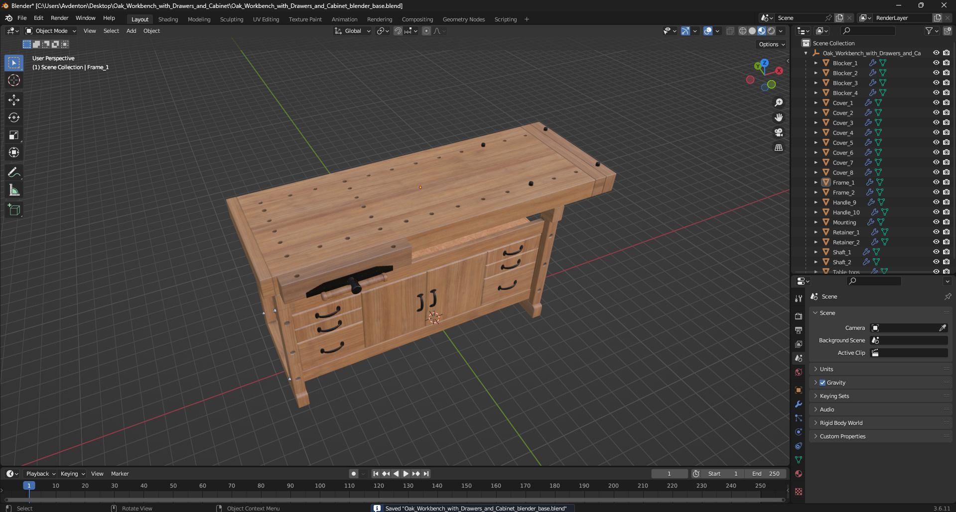 3D Oak Workbench with Drawers and Cabinet model