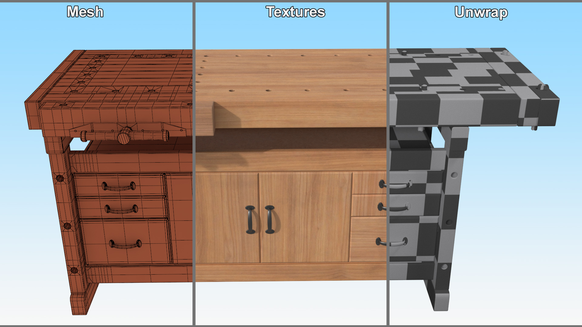 3D Oak Workbench with Drawers and Cabinet model