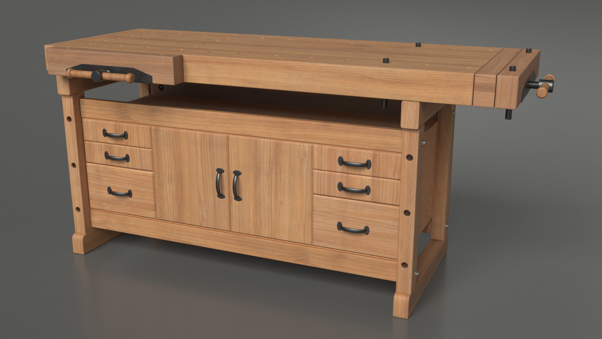 3D Oak Workbench with Drawers and Cabinet model