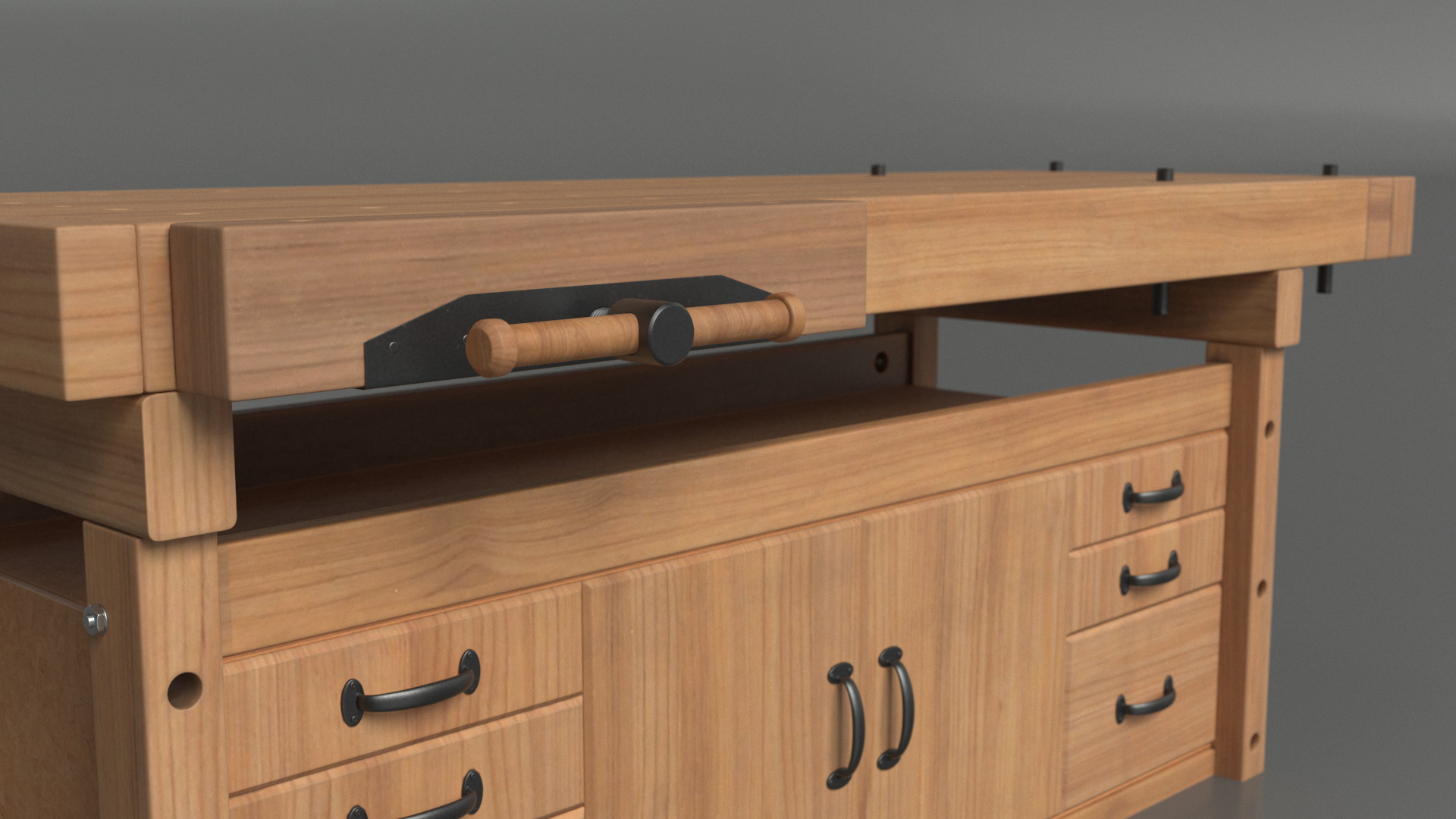 3D Oak Workbench with Drawers and Cabinet model