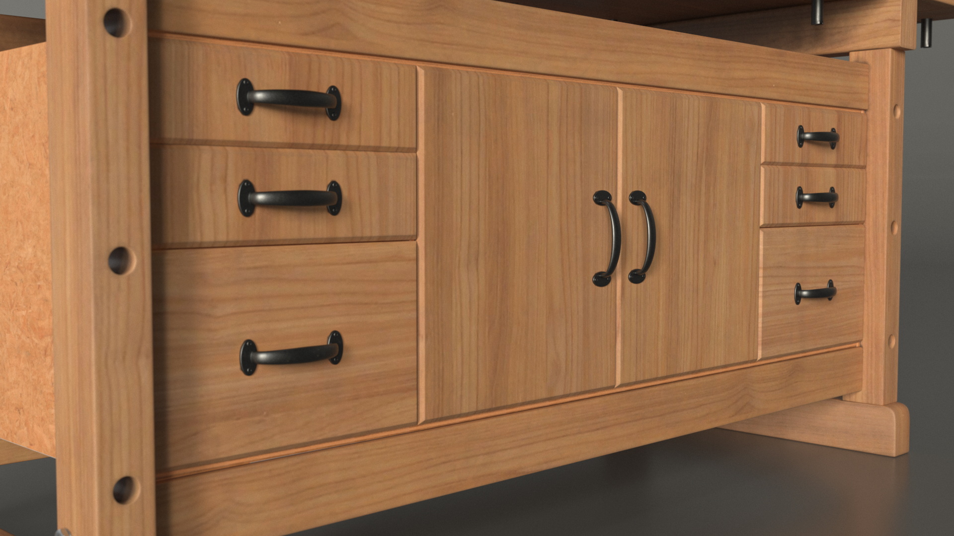 3D Oak Workbench with Drawers and Cabinet model