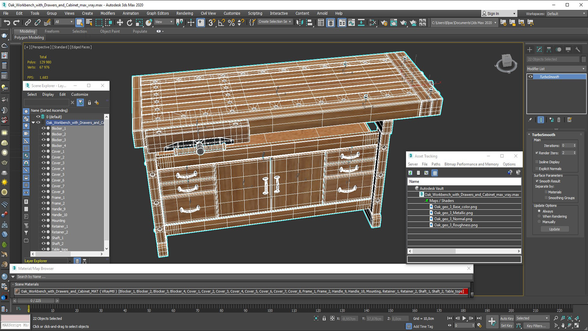 3D Oak Workbench with Drawers and Cabinet model