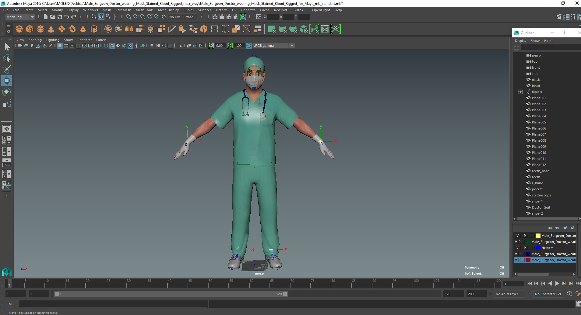 Male Surgeon Doctor wearing Mask Stained Blood Rigged for Maya 3D