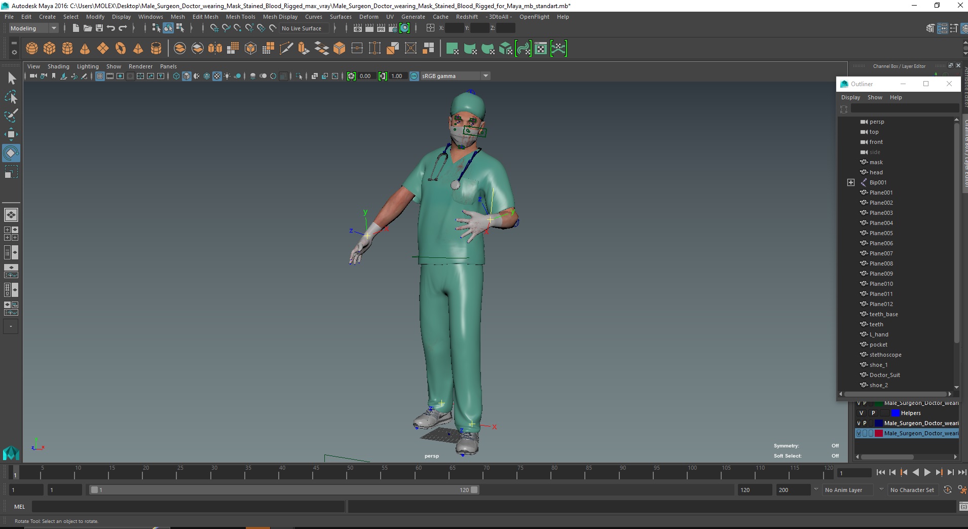 Male Surgeon Doctor wearing Mask Stained Blood Rigged for Maya 3D