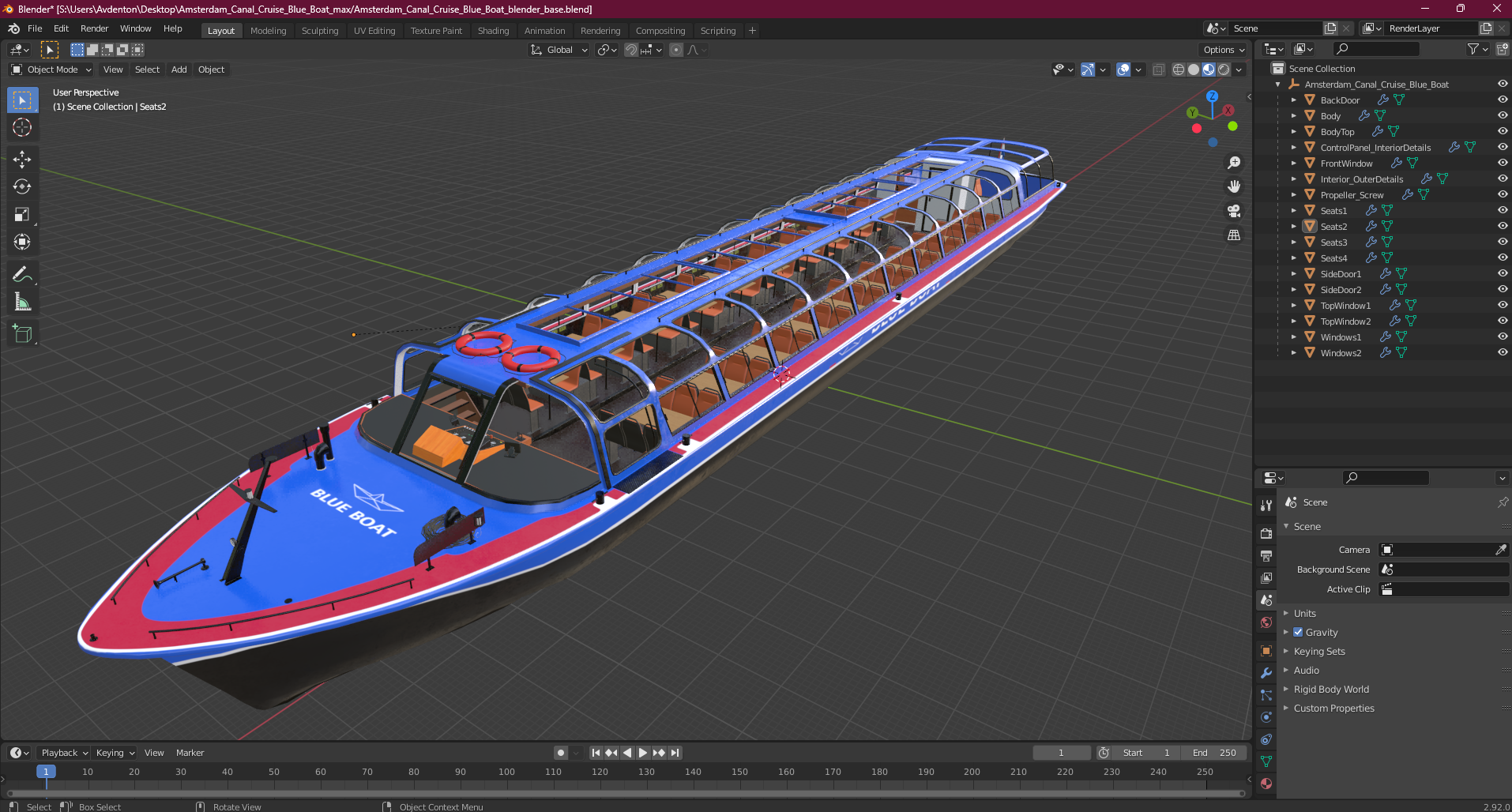 Amsterdam Canal Cruise Blue Boat 3D