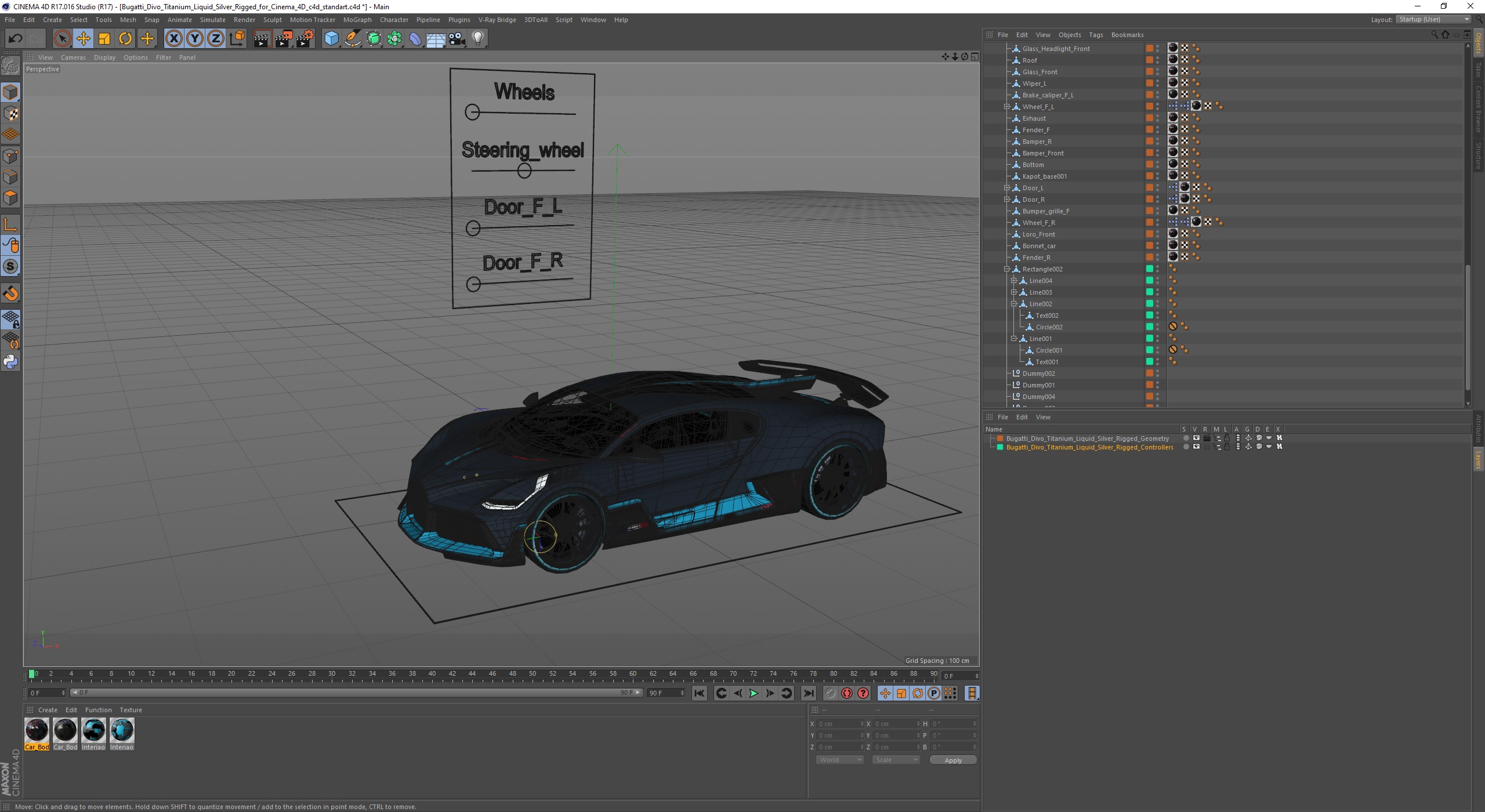 3D Bugatti Divo Titanium Liquid Silver Rigged for Cinema 4D