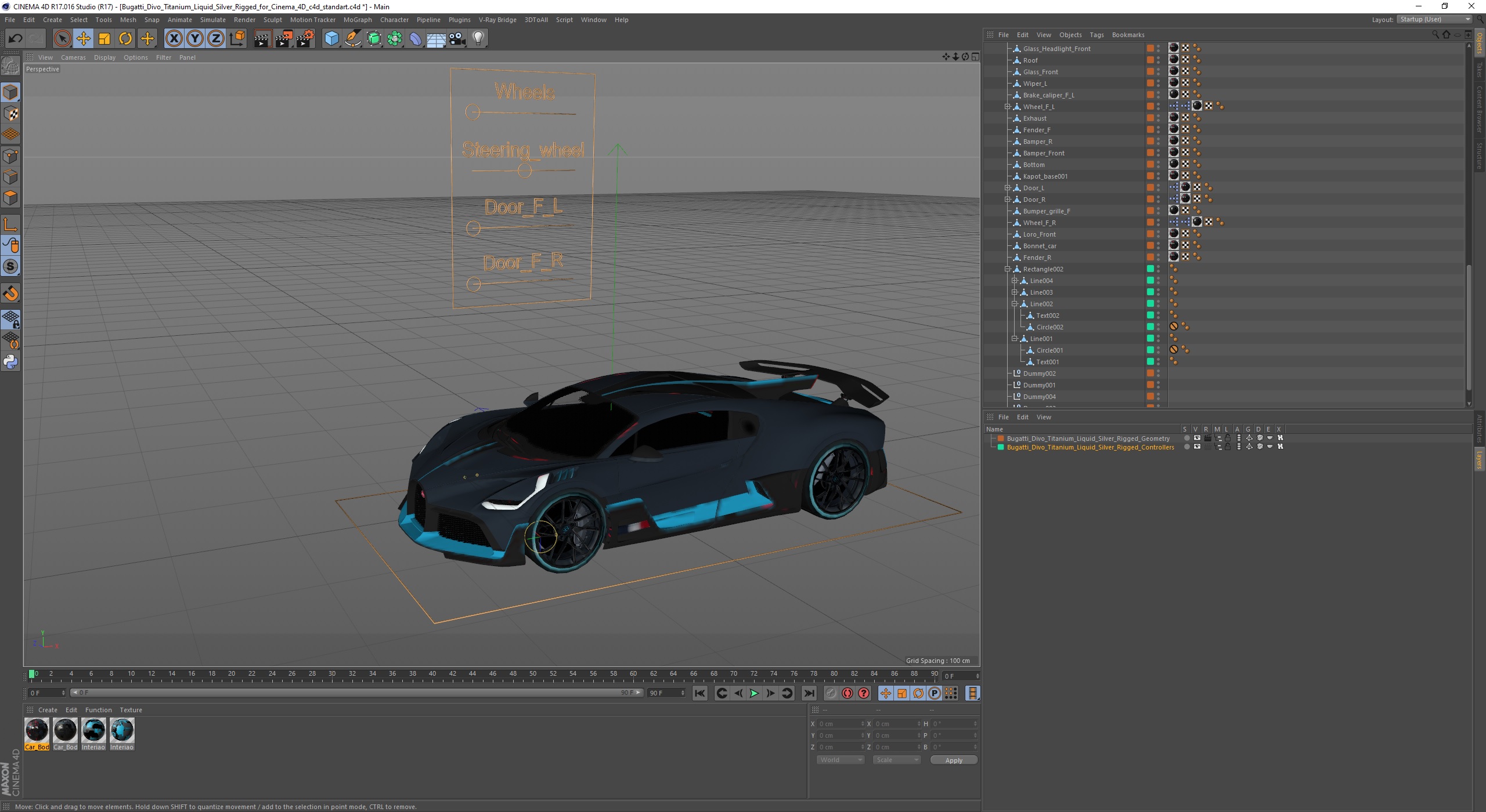 3D Bugatti Divo Titanium Liquid Silver Rigged for Cinema 4D