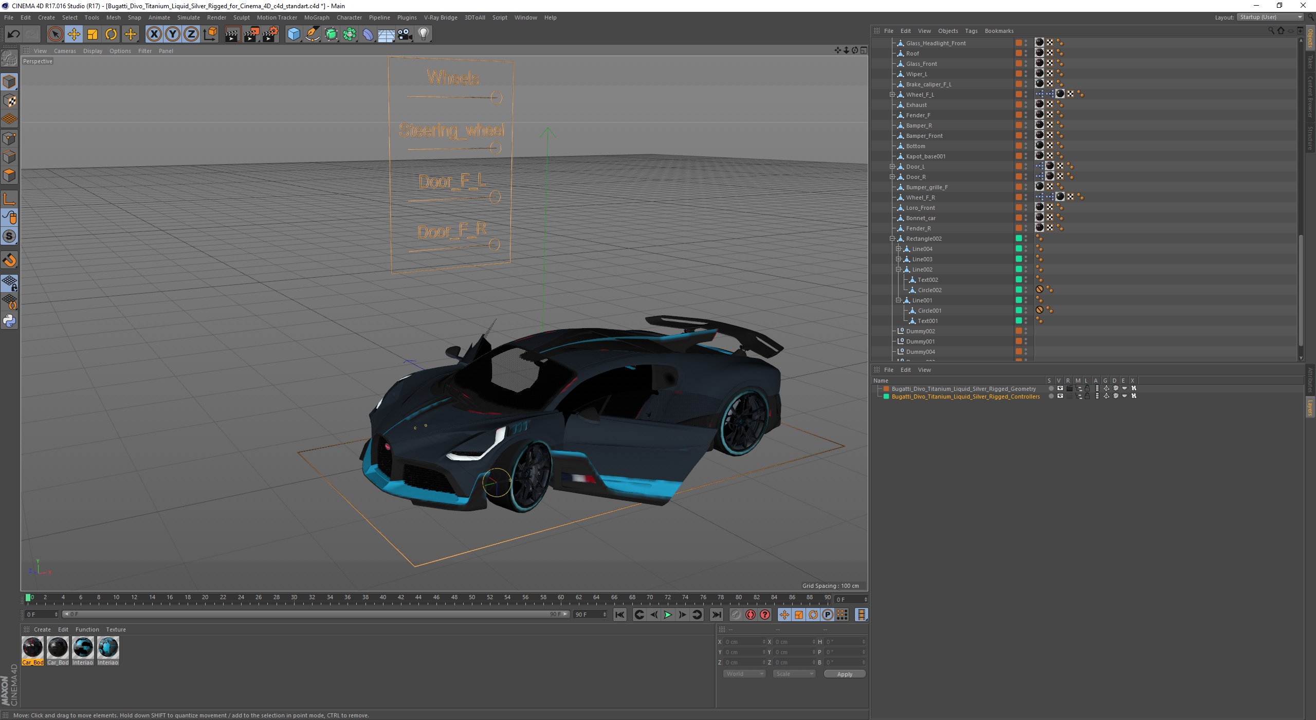 3D Bugatti Divo Titanium Liquid Silver Rigged for Cinema 4D