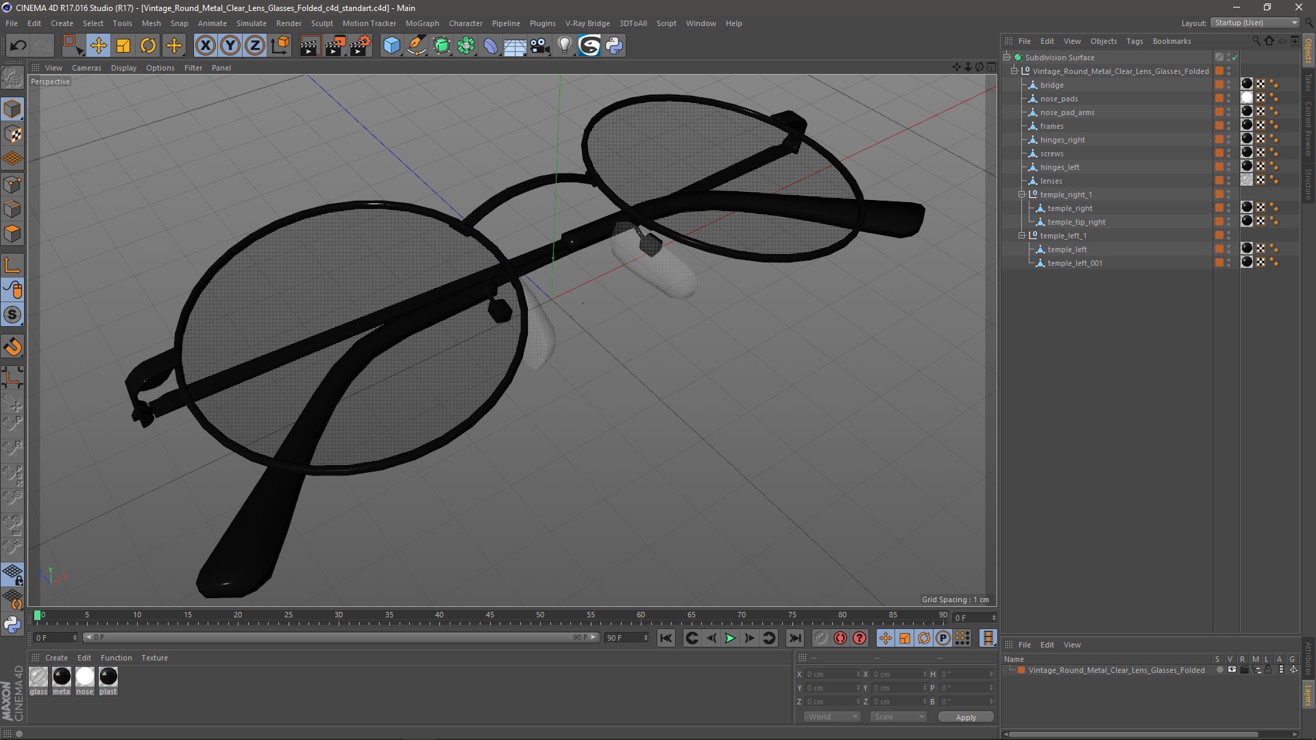3D model Vintage Round Metal Clear Lens Glasses Folded