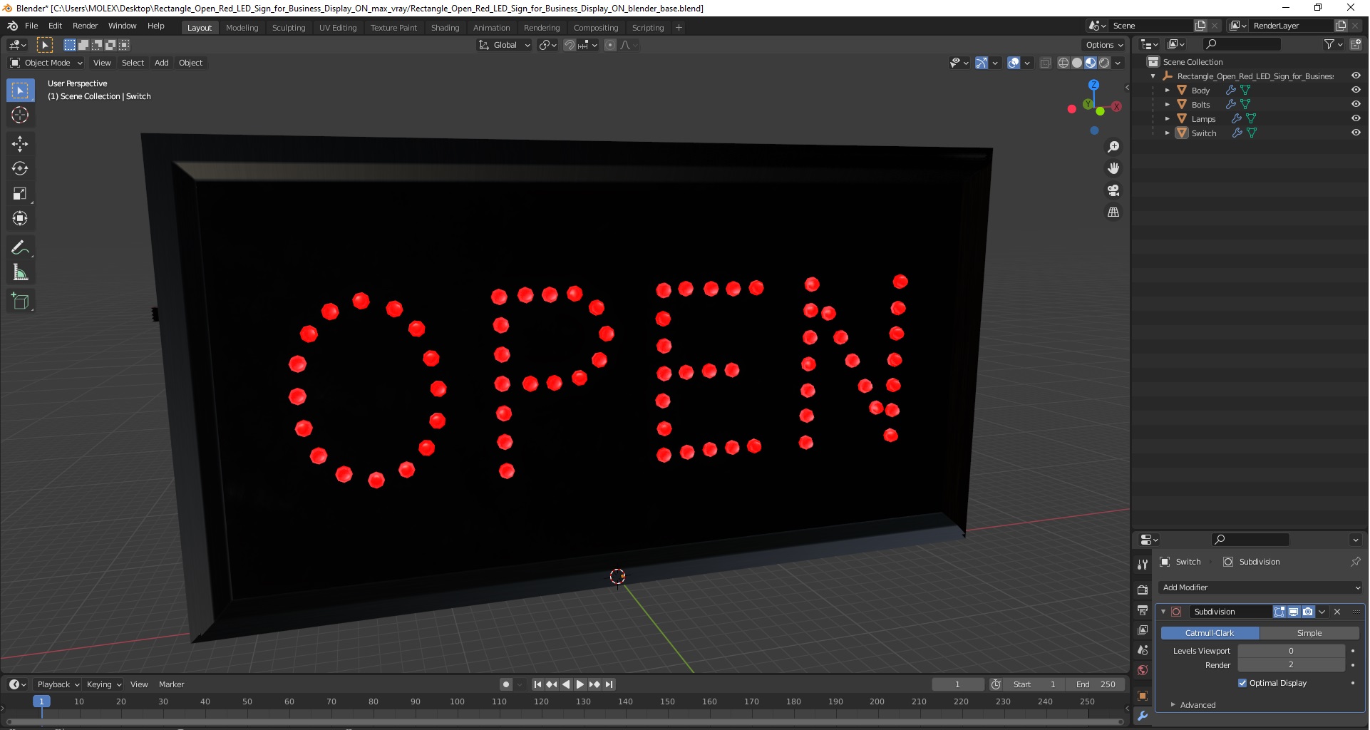 3D Rectangle Open Red LED Sign for Business Display ON