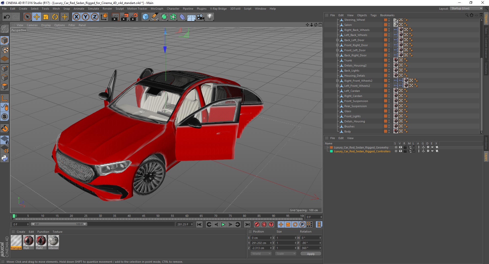 3D Luxury Car Red Sedan Rigged for Cinema 4D
