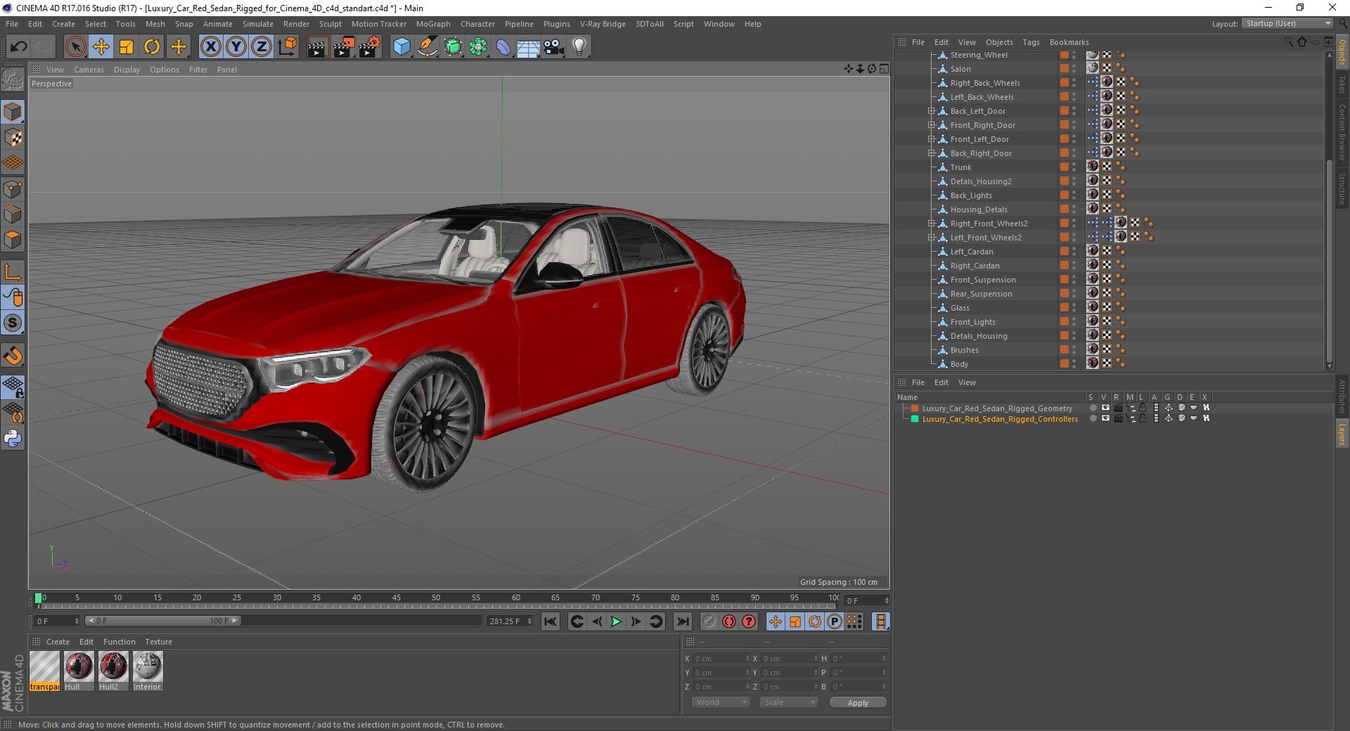 3D Luxury Car Red Sedan Rigged for Cinema 4D
