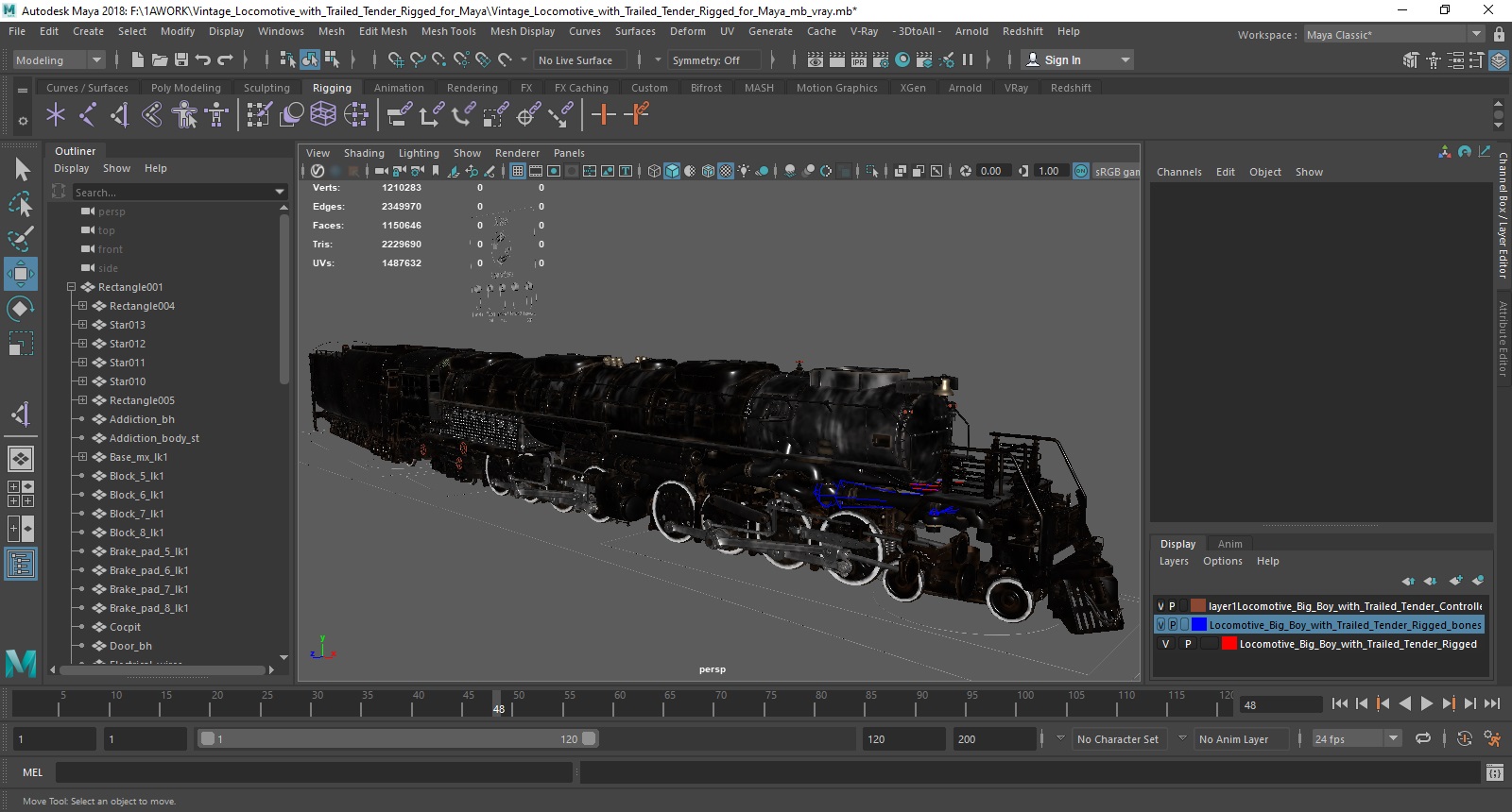 Vintage Locomotive with Trailed Tender Rigged for Maya 3D model