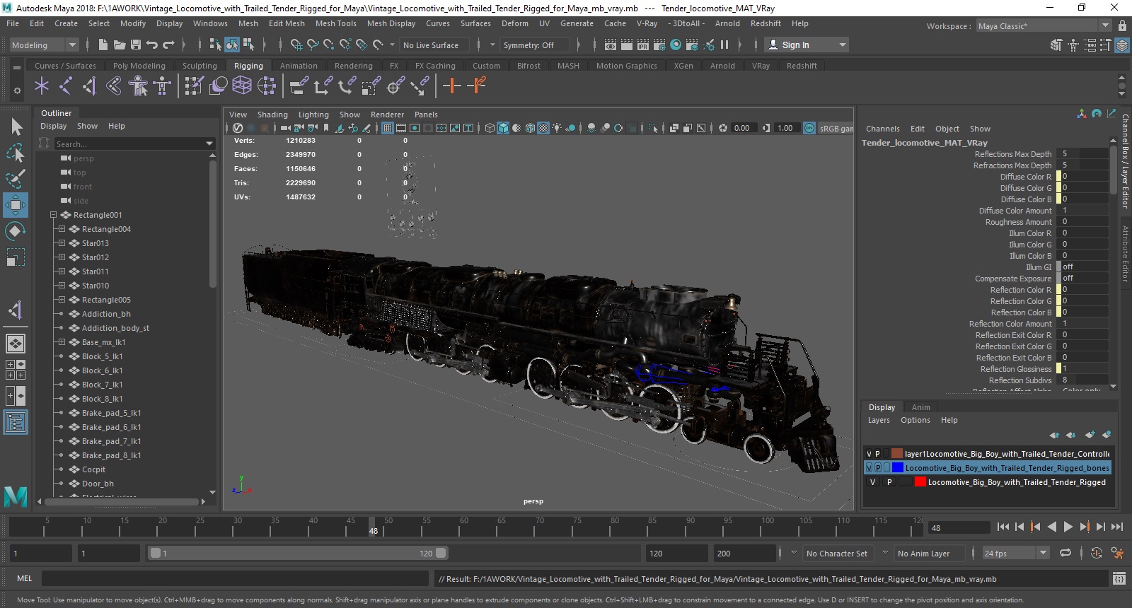 Vintage Locomotive with Trailed Tender Rigged for Maya 3D model